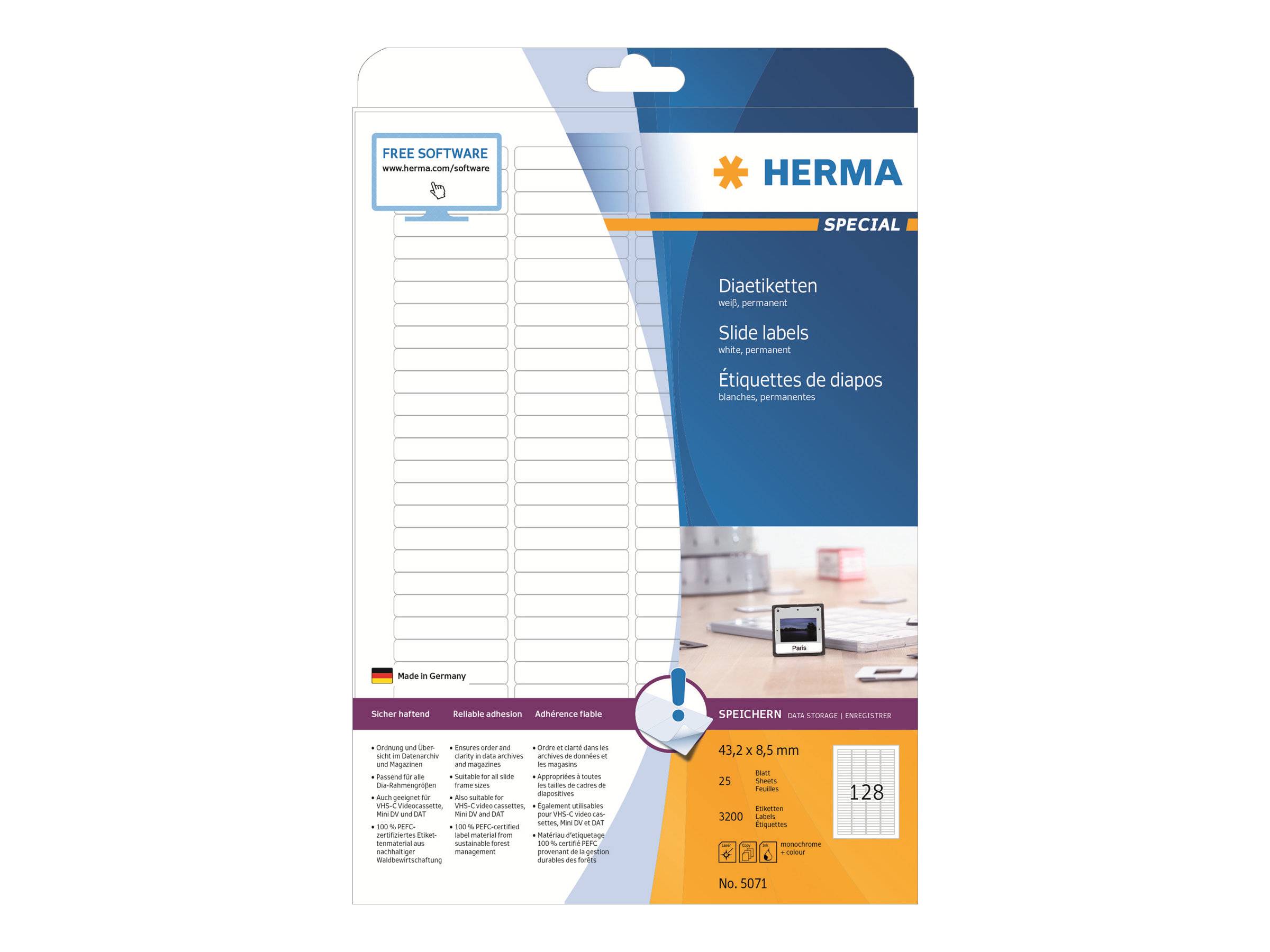 Paket mit HERMA Spezial-Folienetiketten, zeigt linierte weiße Etikett-Blätter und Produktdetails für 43,2 x 63,5 mm Etiketten, 128 pro Paket.