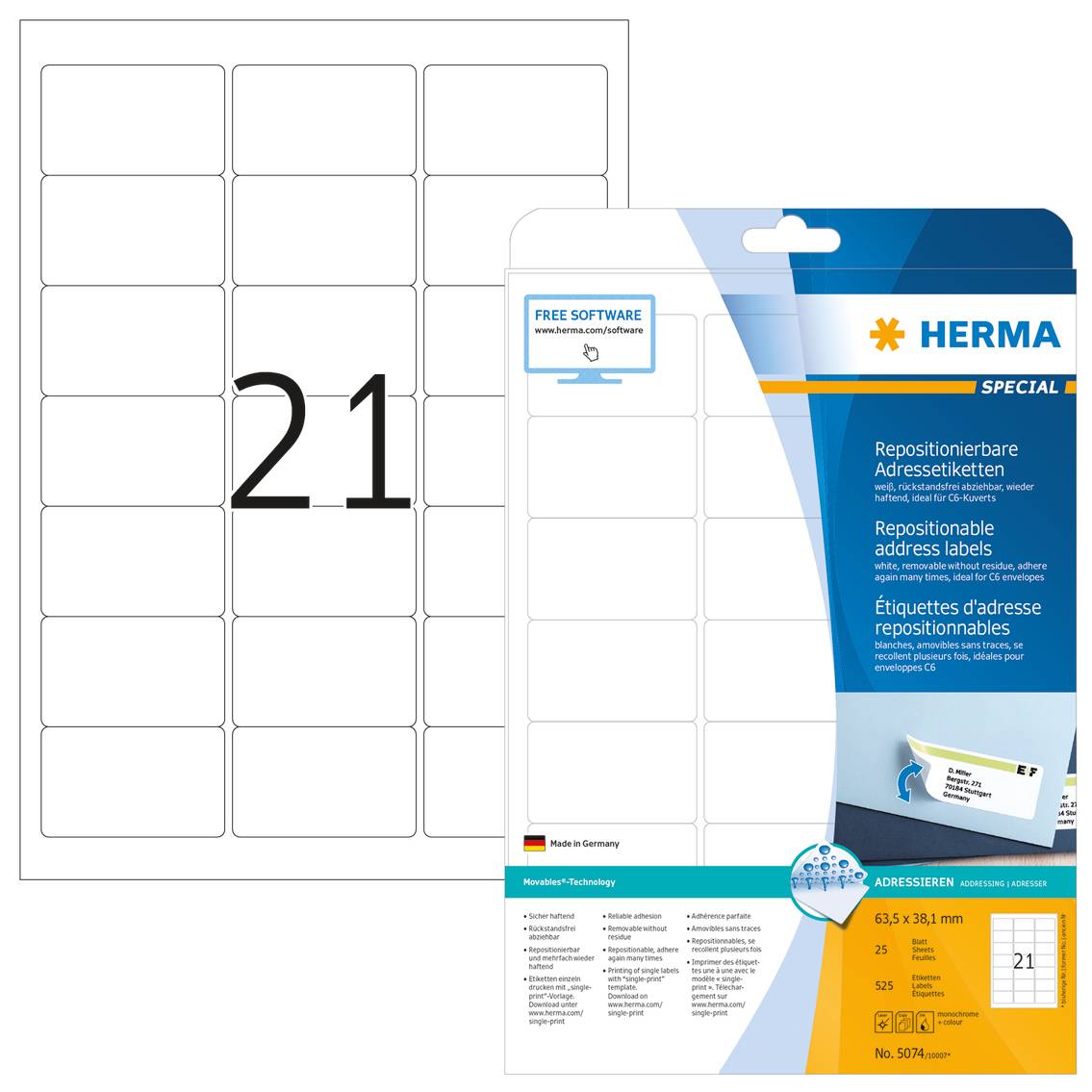 HERMA Special - Papier - matt - selbstklebend, neu positionierbar - weiß - 63.5 x 38.1 mm 525 Etikett(en) (25 Bogen x 21