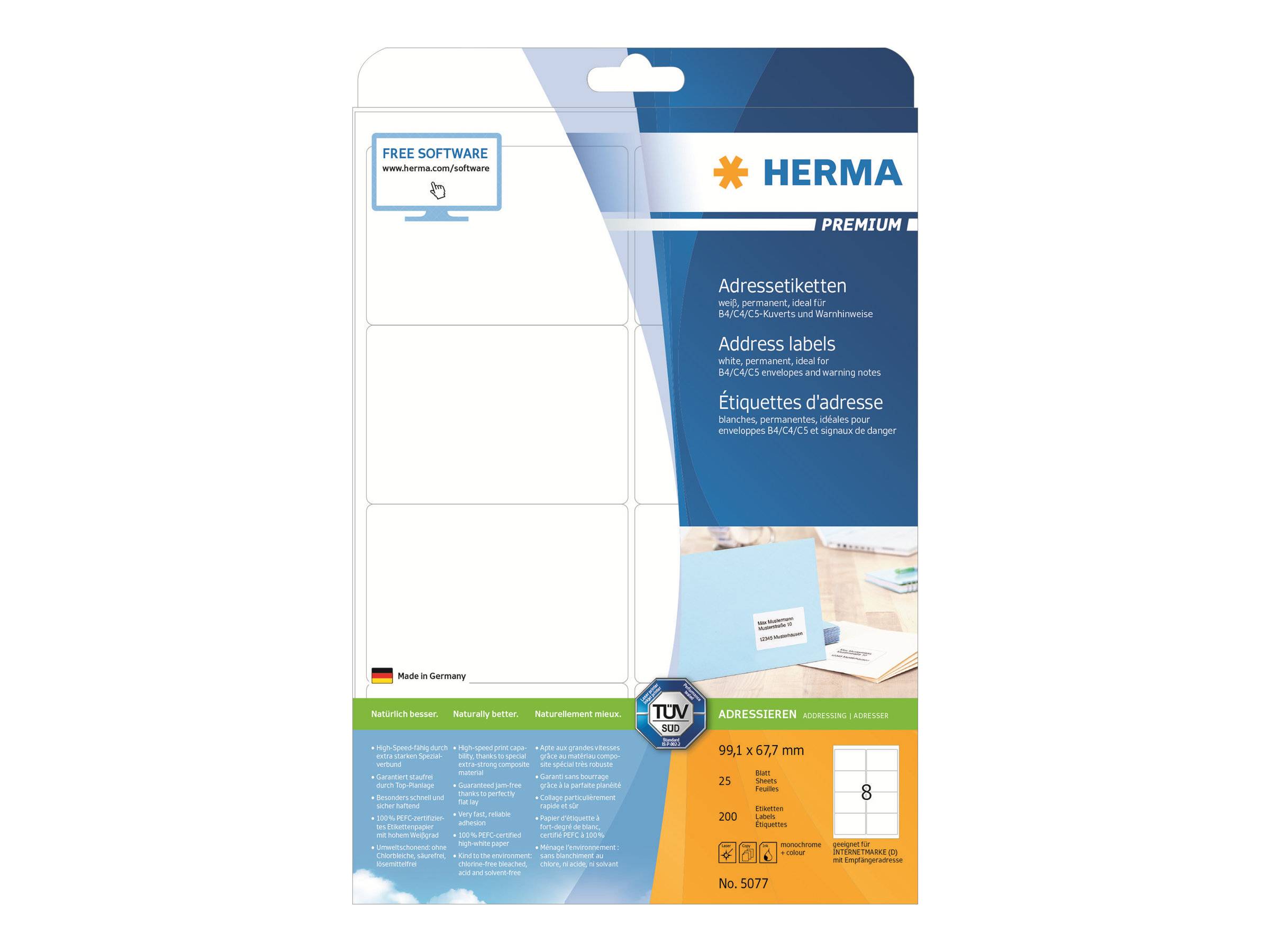 Paket mit HERMA Premium Adressetiketten, mit kostenloser Softwarenotiz und Produktdetails für weiße leere Etiketten auf A4-Blättern.
