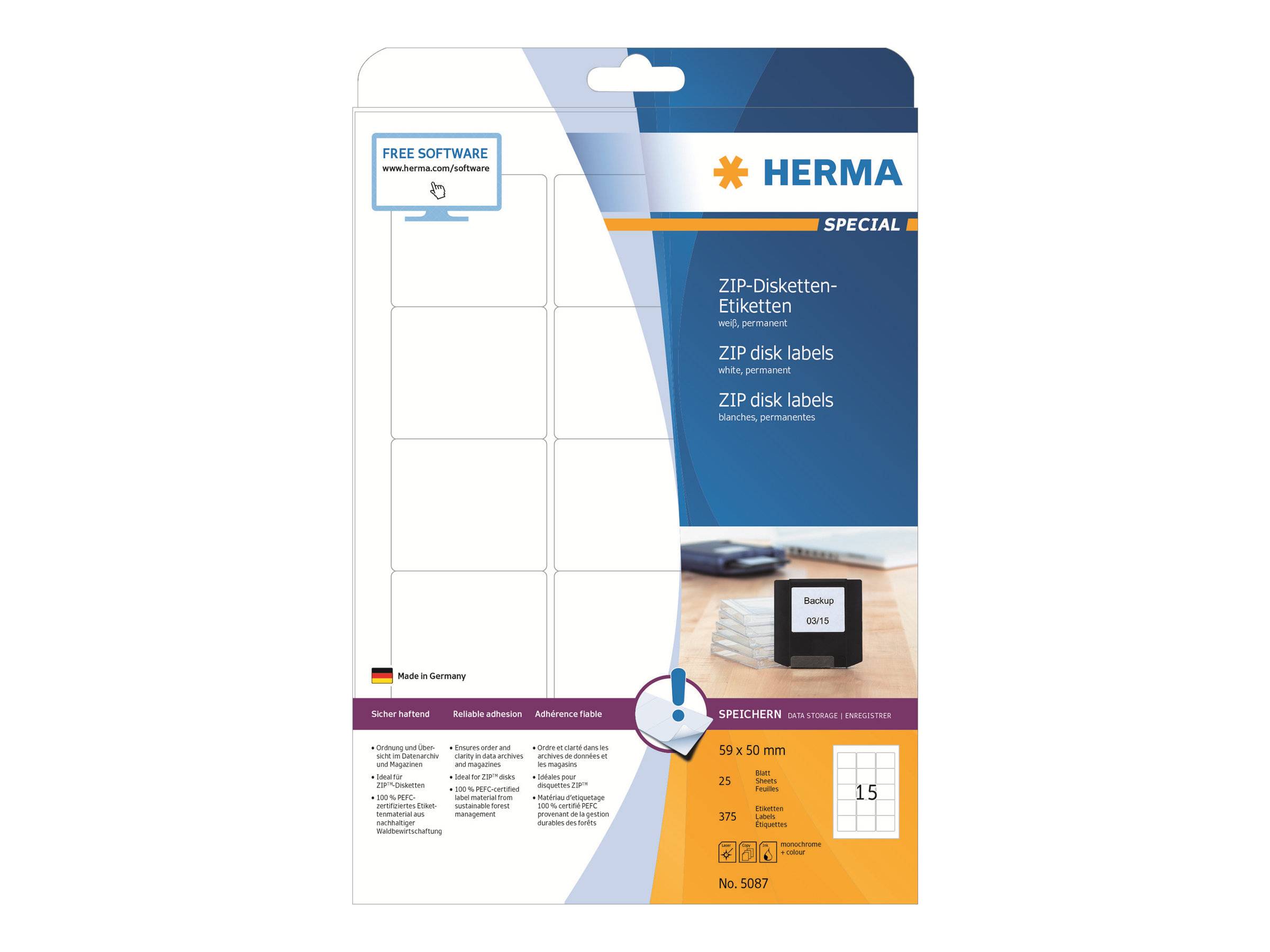 HERMA spezielle ZIP-Disk-Etiketten-Packung mit leeren Etikettenblättern, Produktdetails und einer Vorschau von Etiketten auf einer Disk-Hülle.