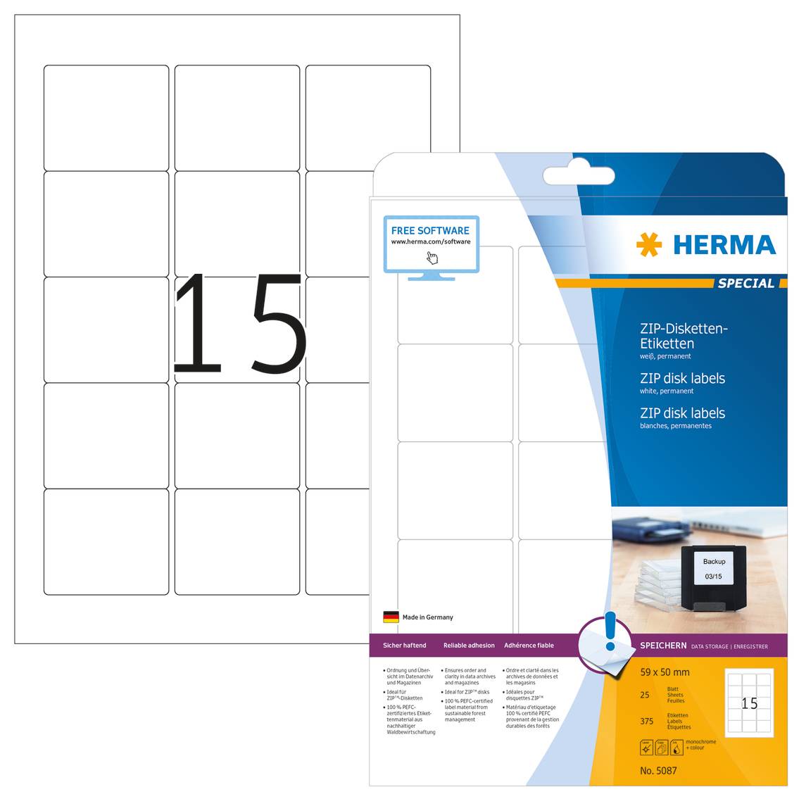 HERMA Special - Papier - matt - permanent selbstklebend - weiß - 59 x 50 mm 375 Etikett(en) (25 Bogen x 15)