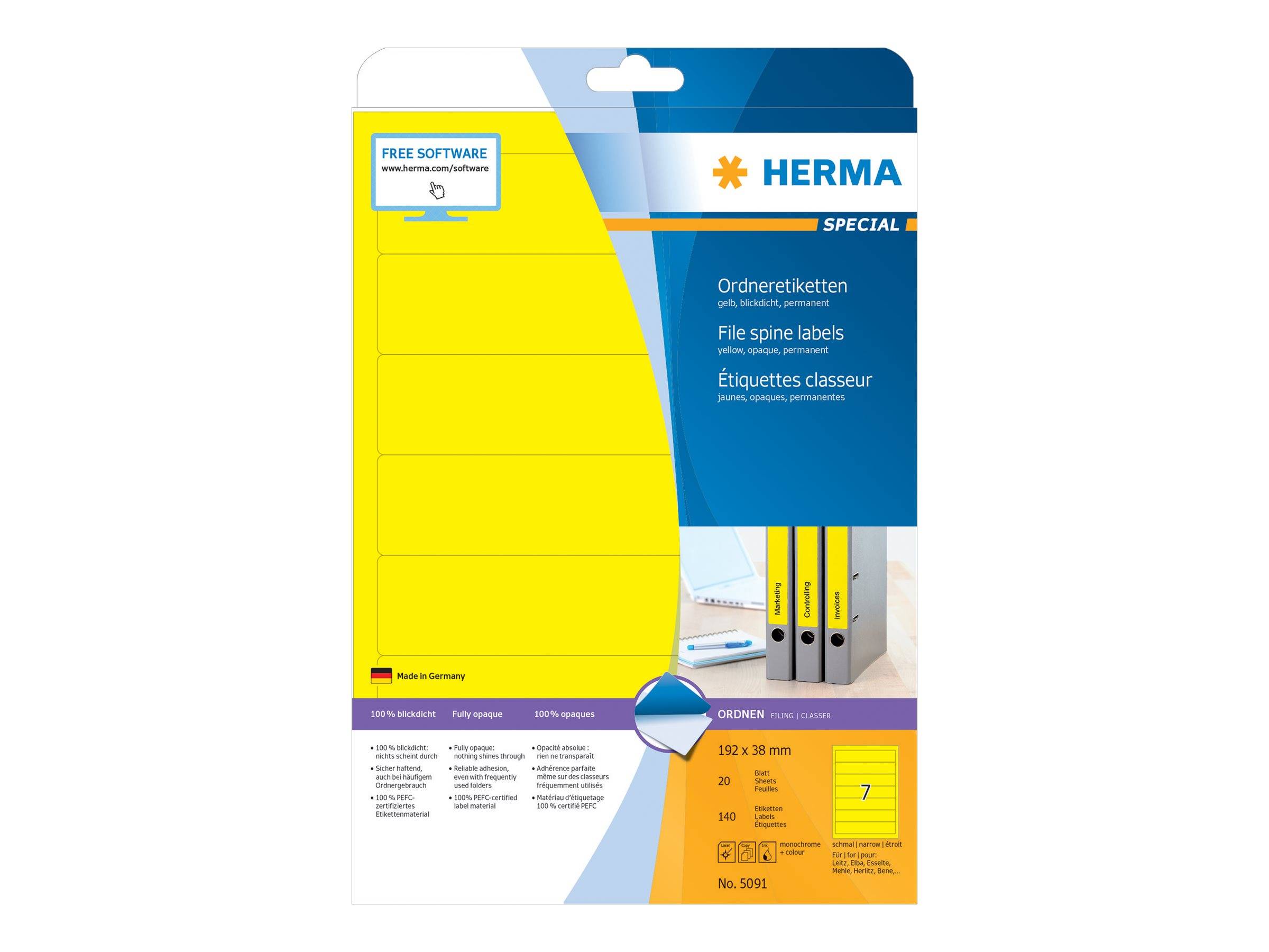 Paket mit HERMA Spezial-Rückenschildern, gelbe Blankoetiketten zum Organisieren von Ordnern und Dateien.