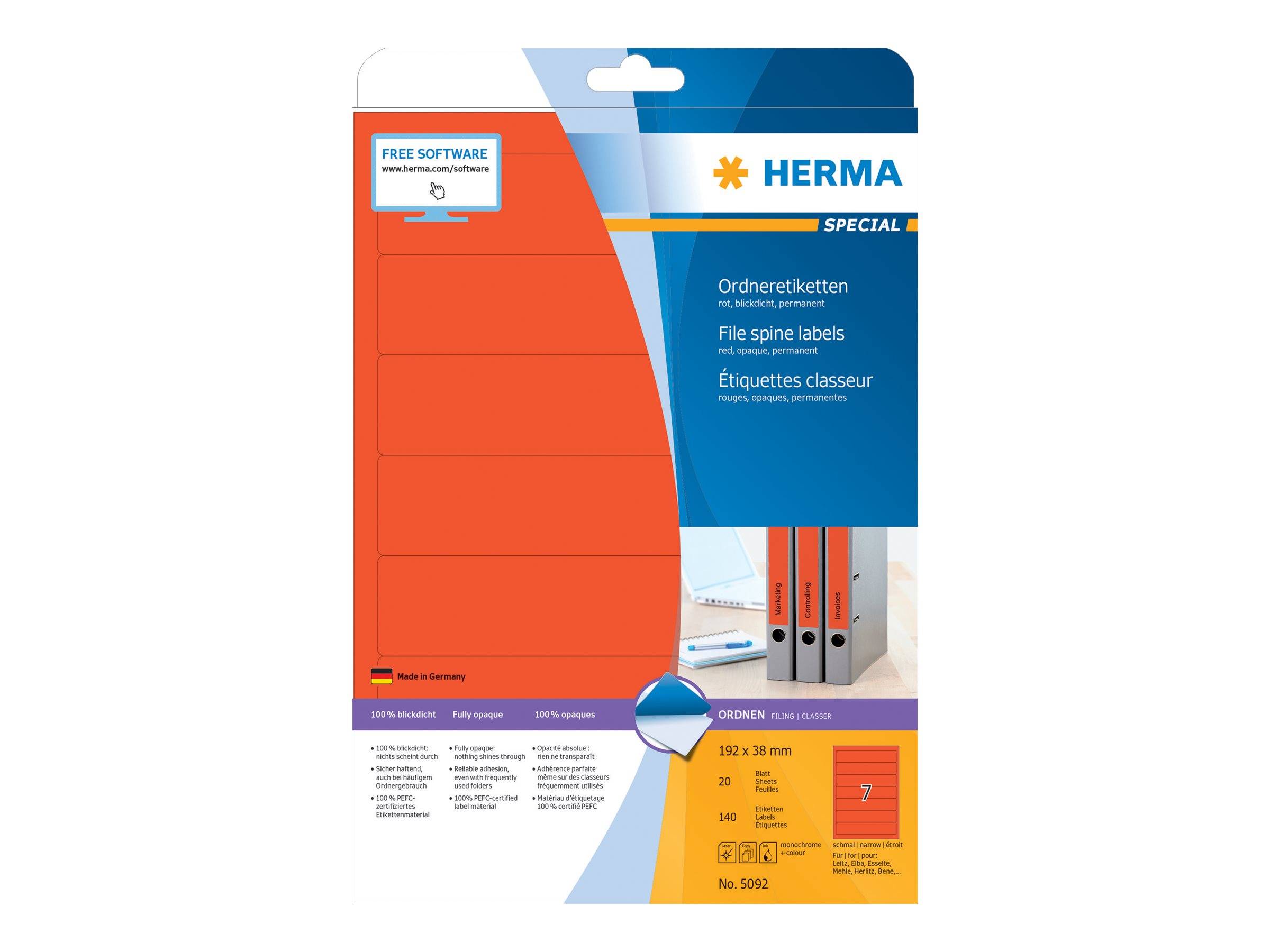 Verpackung für HERMA Spezial-Etiketten für Ordnerrücken, mit orangefarbenen Etiketten mit blauem Kopf und Produktinformationen.