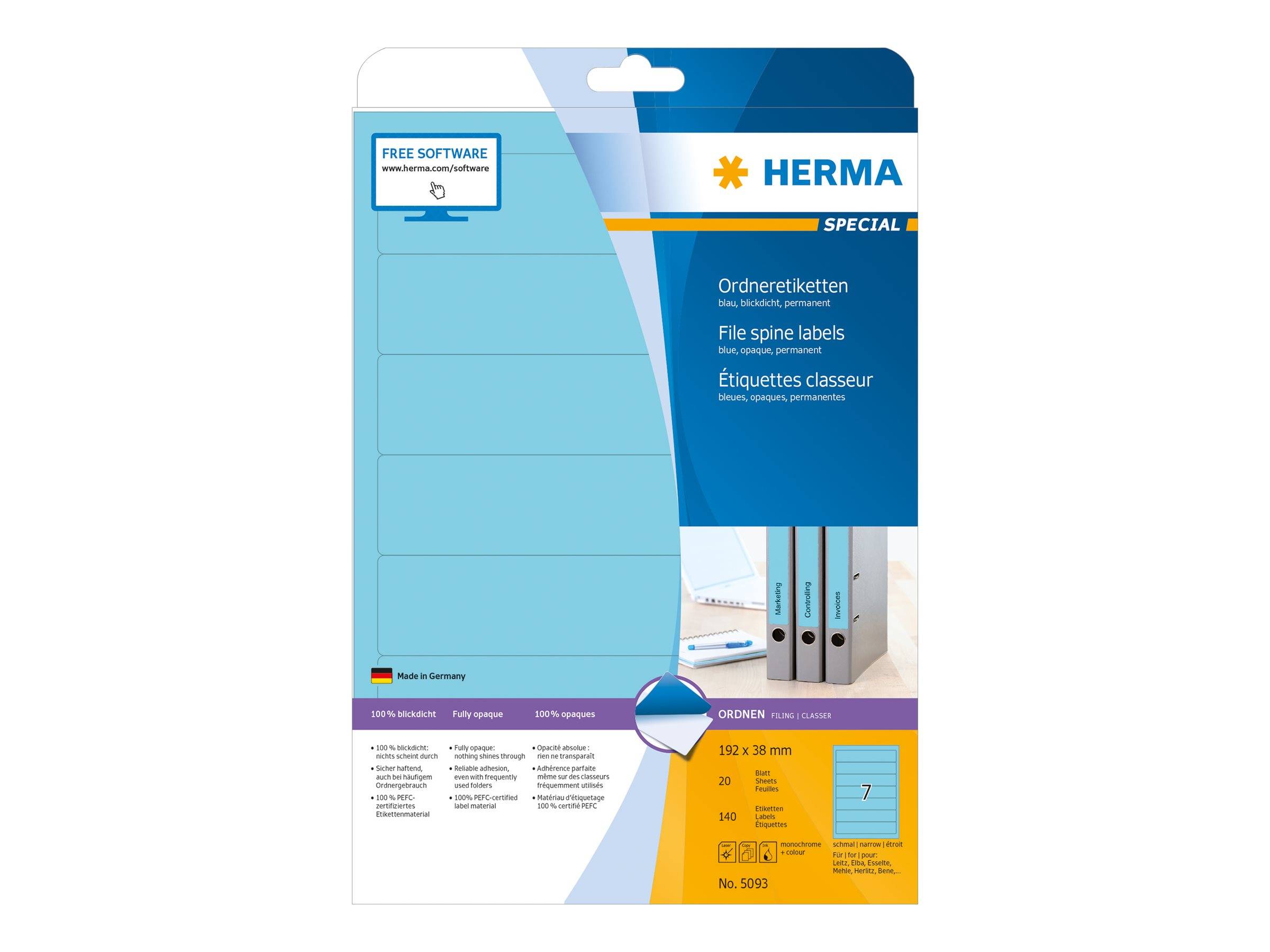 Paket mit HERMA-Spezial-Rückenschildern, blau und weiß, zum Beschriften von Ordnern und Mappen; zeigt Produktdetails und Etikettengröße.