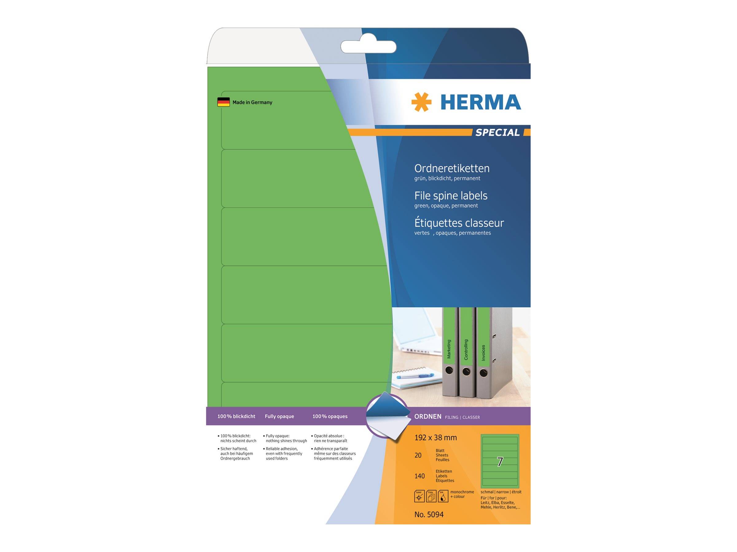 Packung mit HERMA Spezial-Rückenschildern, grüne Klebeetiketten für Ordner und Dateien, gezeigt auf Einzelhandelverpackung mit Produktdetails.