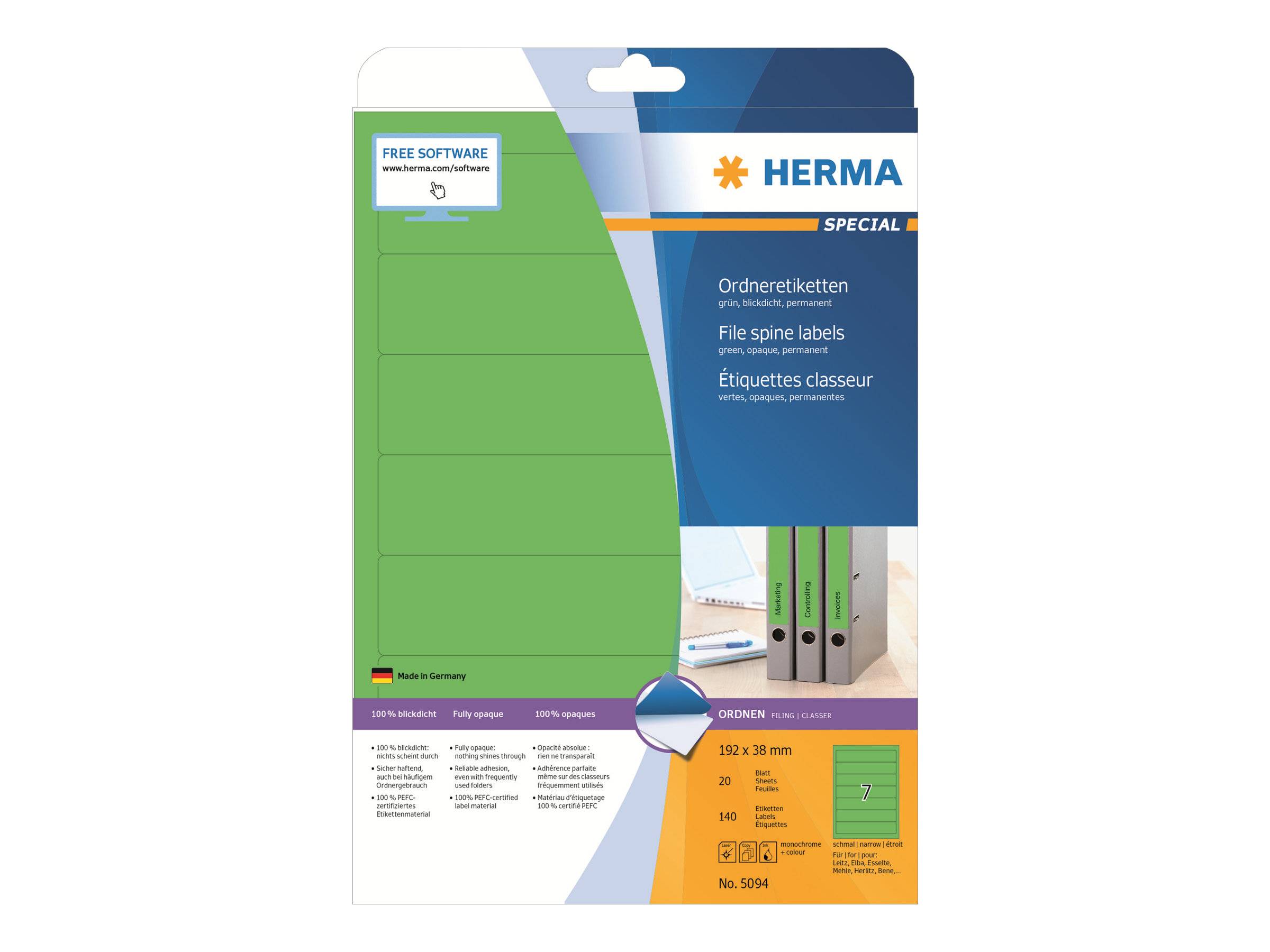 Verpackung für HERMA Spezial-Etikett für Ringbinderrücken, grüne Etiketten für Ringbinder, mit Produktdetails und Mengenangaben.