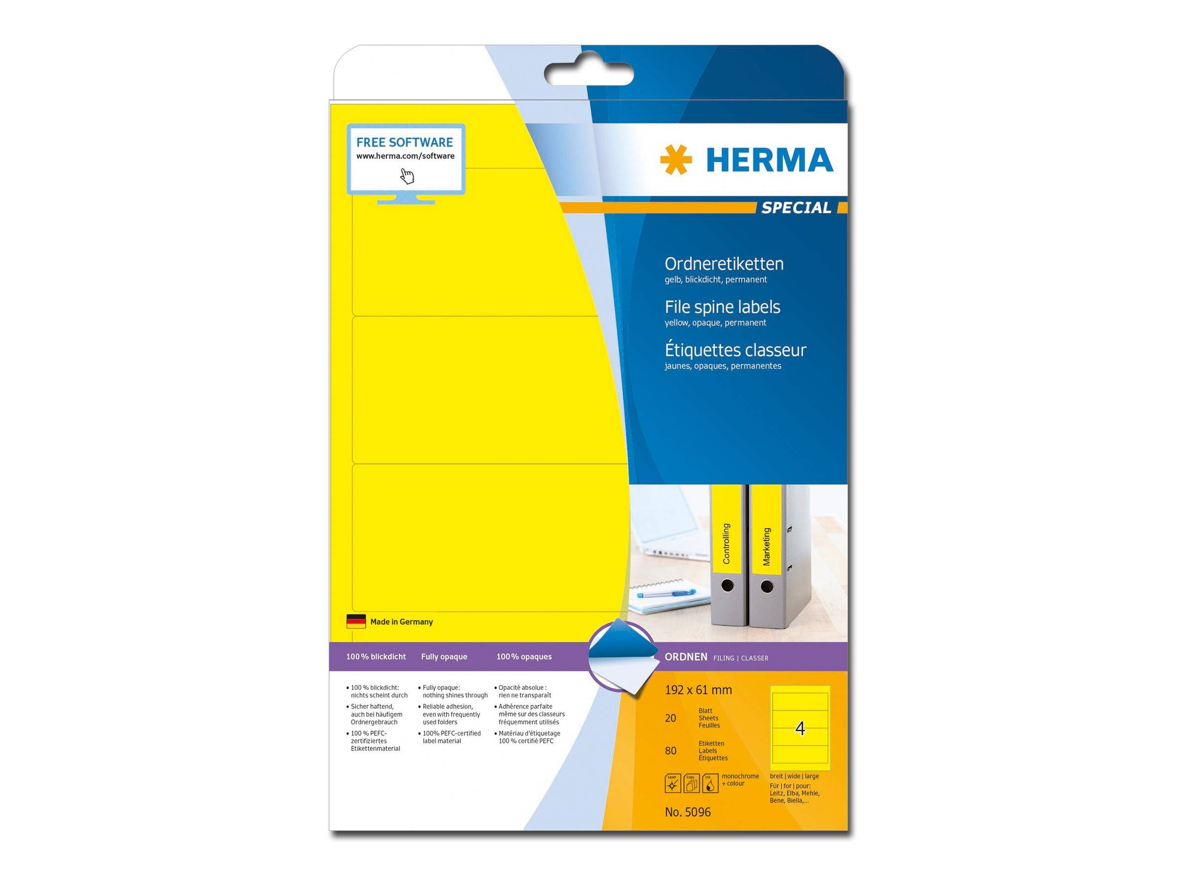 HERMA Special - Papier - matt - permanent selbstklebend - Gelb - 192 x 61 mm 80 Etikett(en) (20 Bogen x 4)