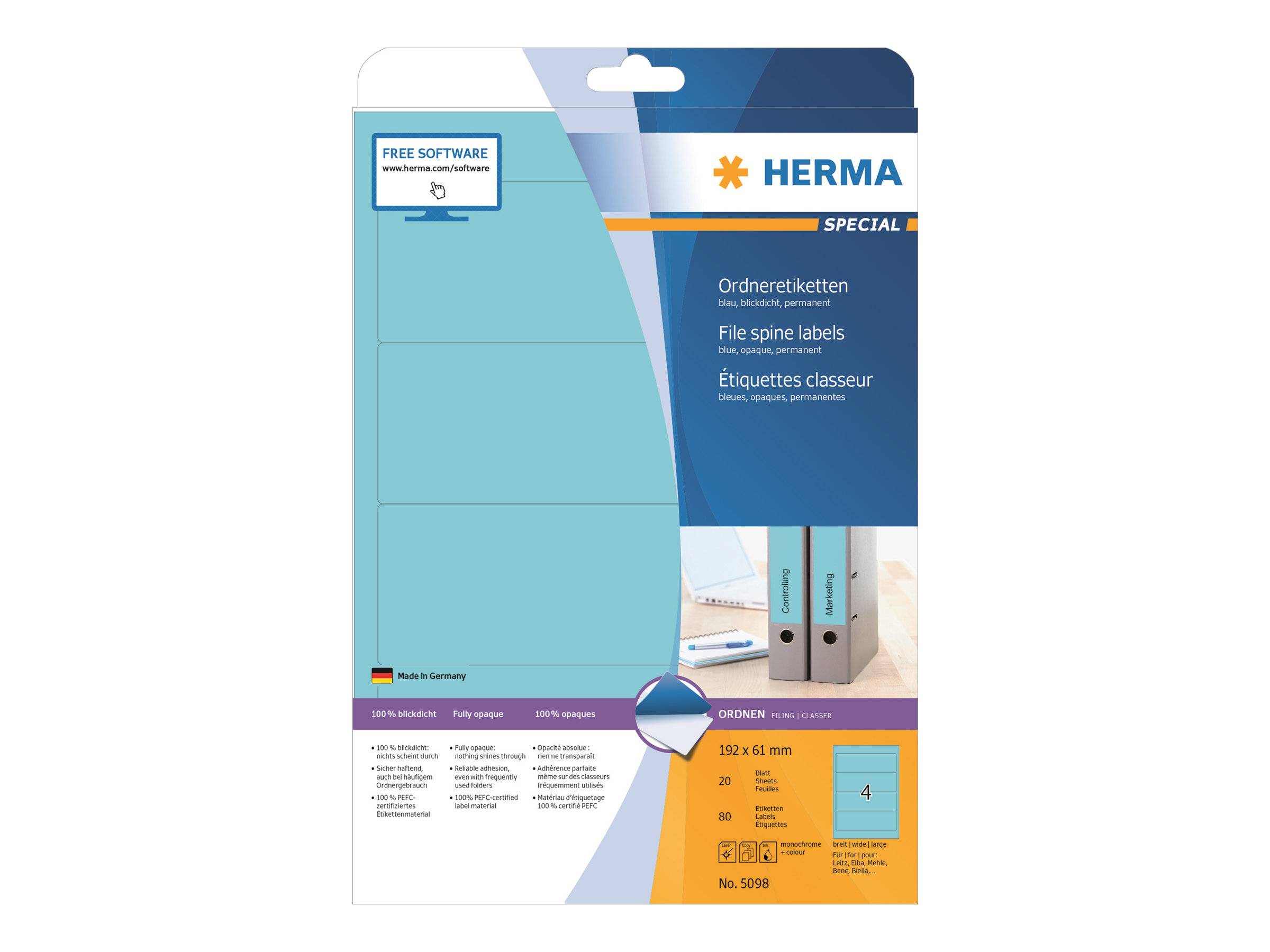Packung HERMA Spezial-Rückenschilder, zeigt blaue Ordnerschilder und Produktdetails für 62 x 61 mm Etiketten, 20 Blatt, 4 pro Blatt.