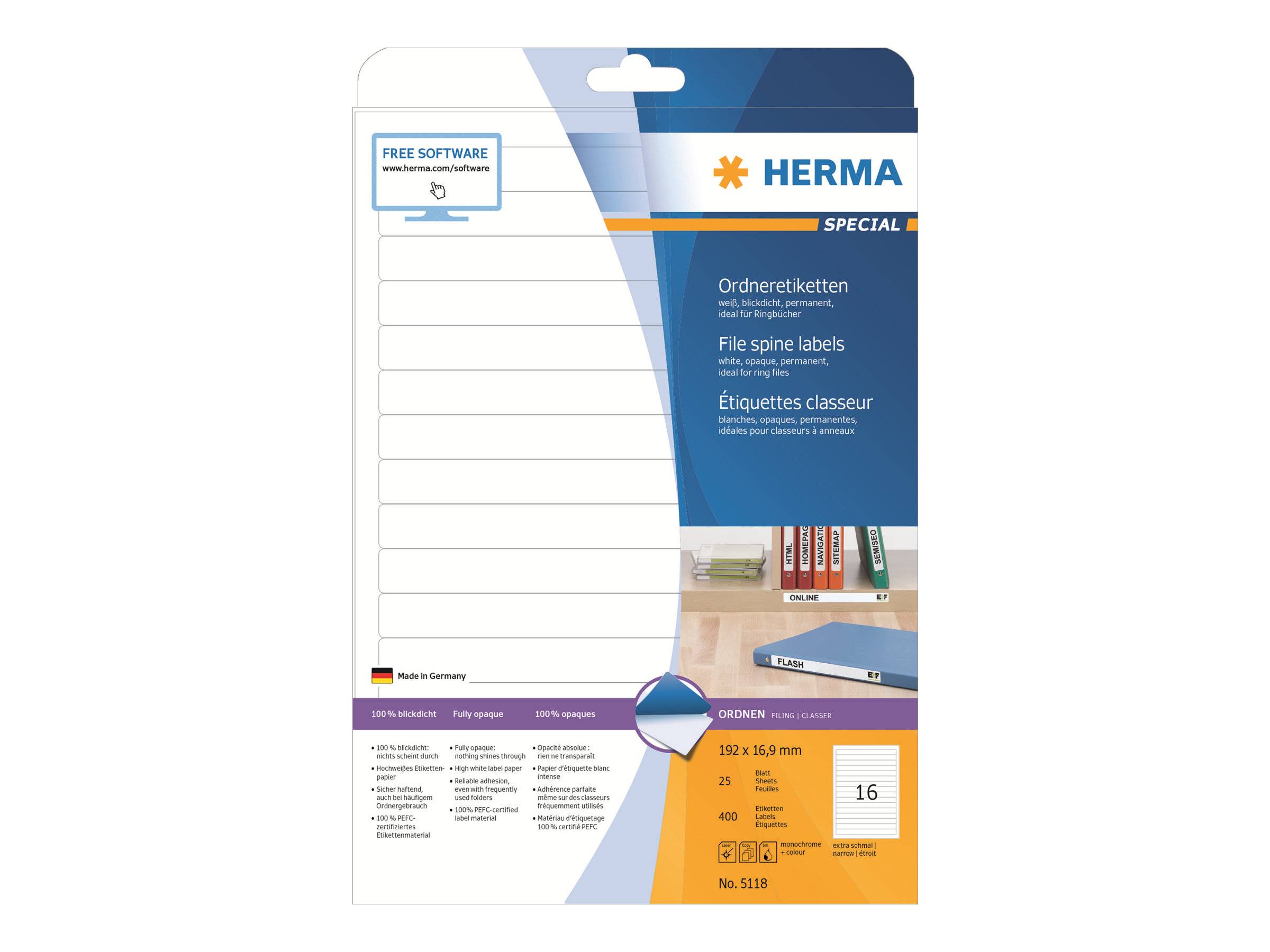 HERMA Special - Papier - matt - permanent selbstklebend - weiß - 192 x 16.9 mm 400 Etikett(en) (25 Bogen x 16)