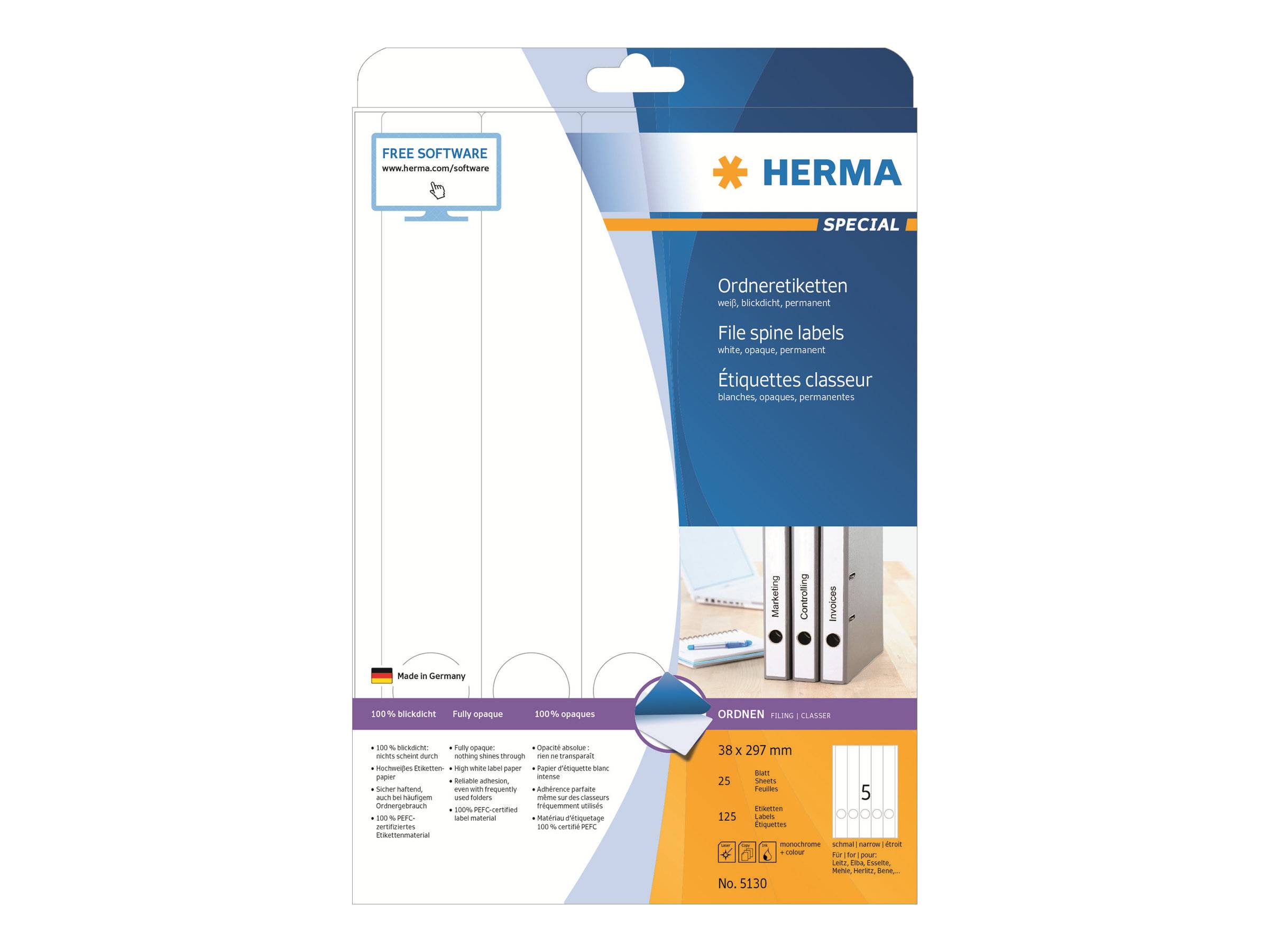 Packung HERMA spezielle Etiketten für Aktenlabels, weiße Etikettierblätter, mit Produktdetails und Hinweis 'Kostenlose Software'.