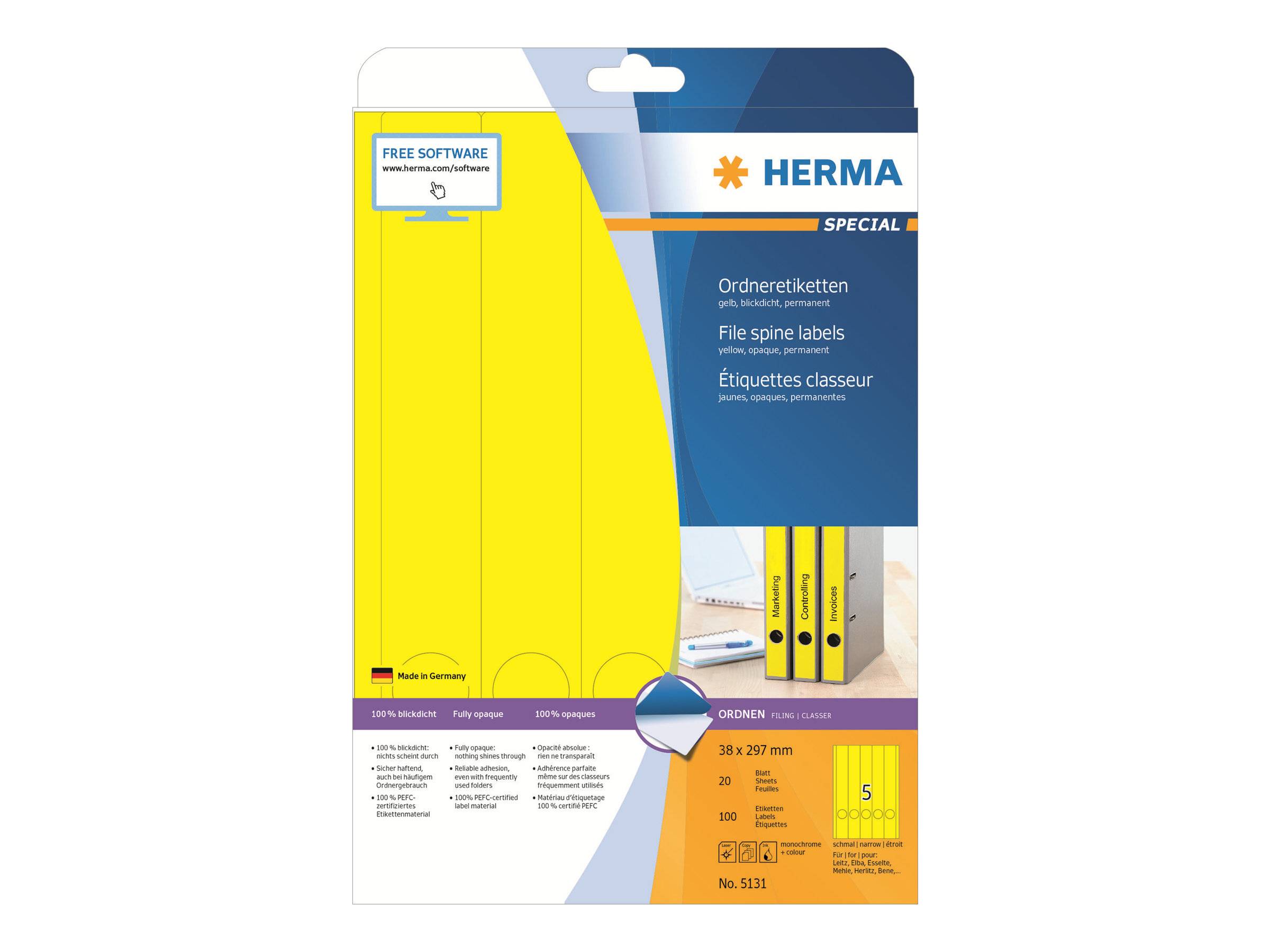 HERMA Special - Papier - matt - permanent selbstklebend - perforiert - Gelb - 38 x 297 mm 125 Etikett(en) (25 Bogen x 5)
