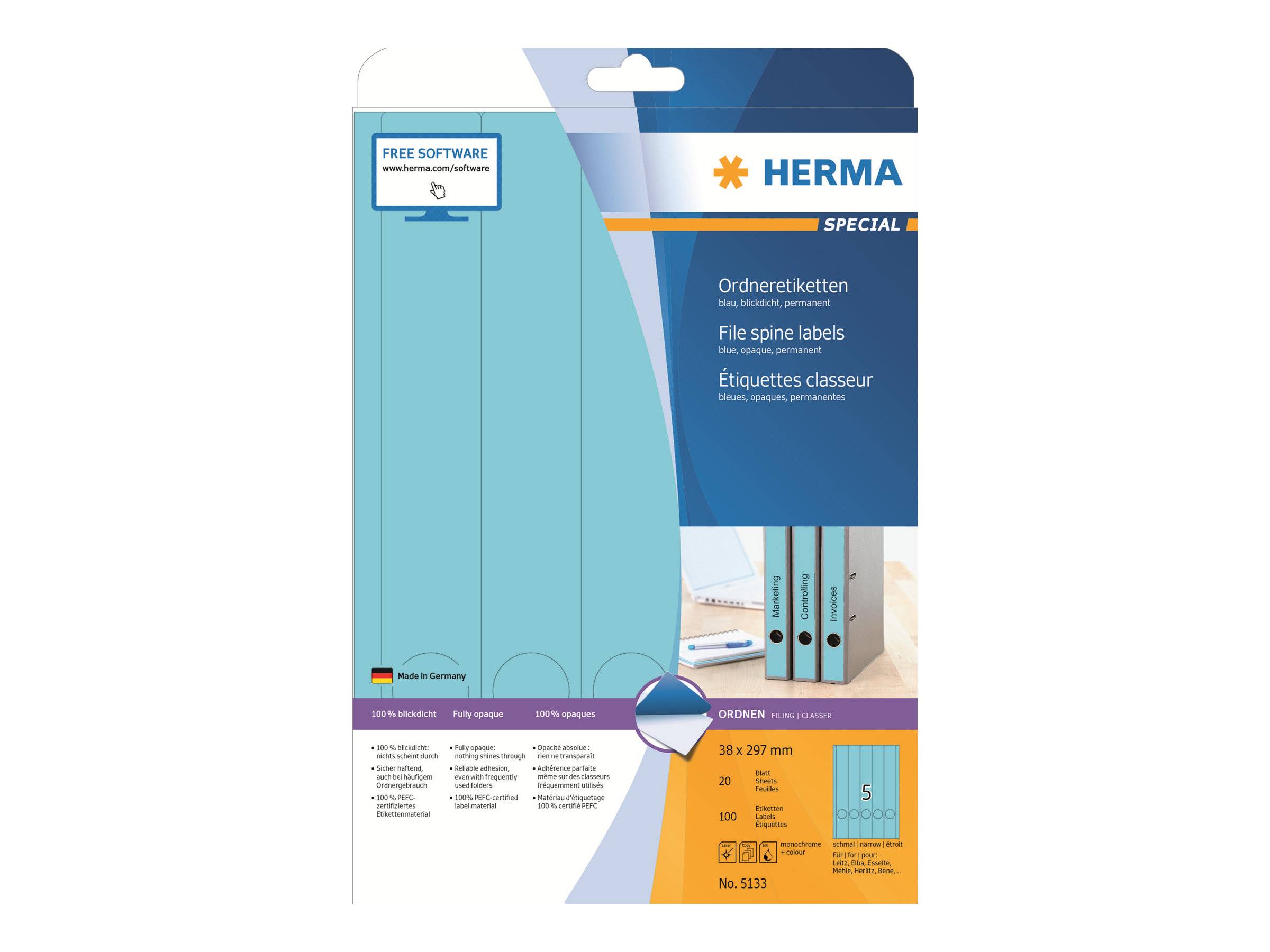 HERMA Special - Papier - matt - permanent selbstklebend - perforiert - Blau - 38 x 297 mm 125 Etikett(en) (25 Bogen x 5)