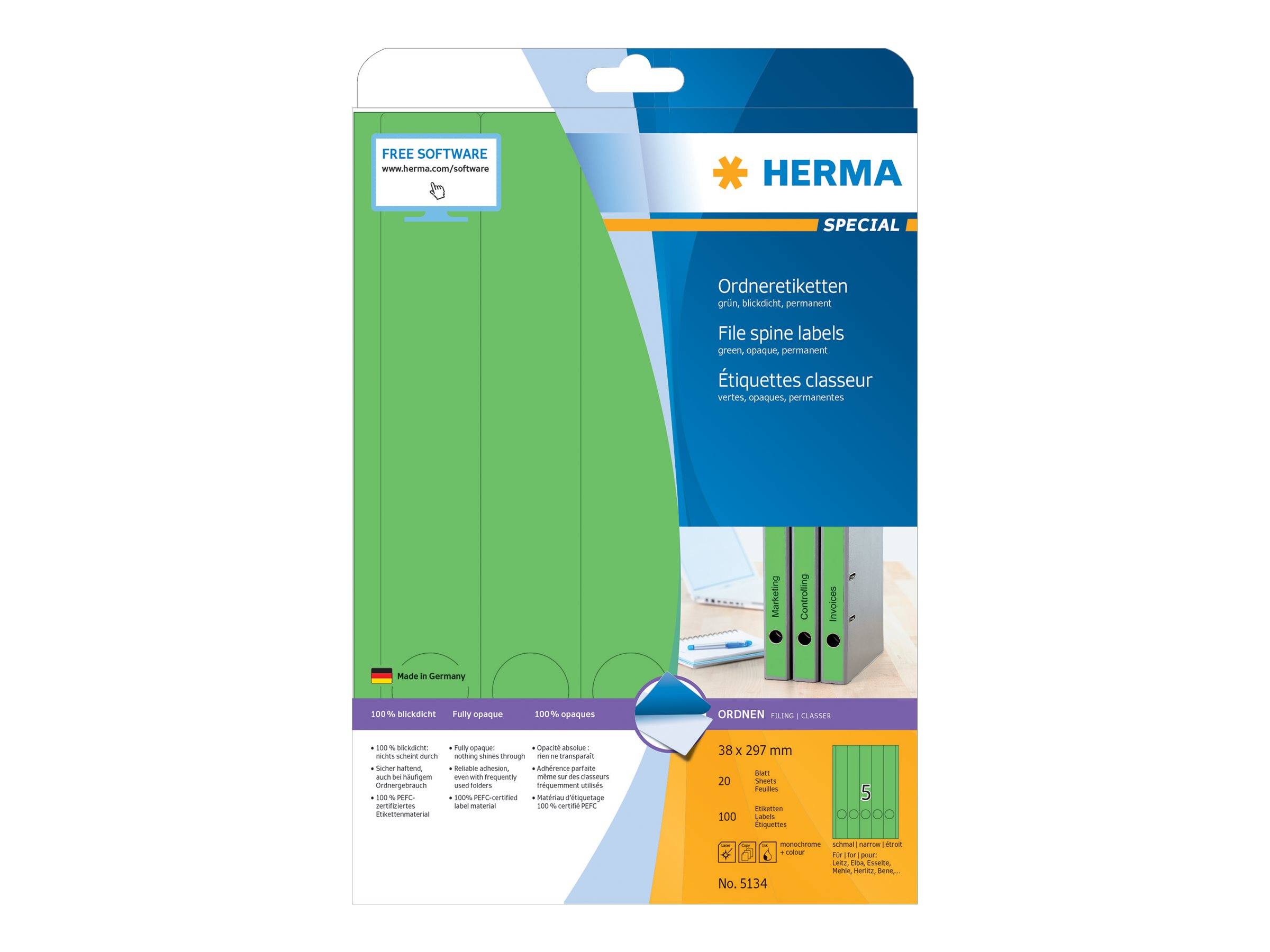 HERMA Special - Papier - matt - permanent selbstklebend - grün - 38 x 297 mm 100 Etikett(en) (20 Bogen x 5)