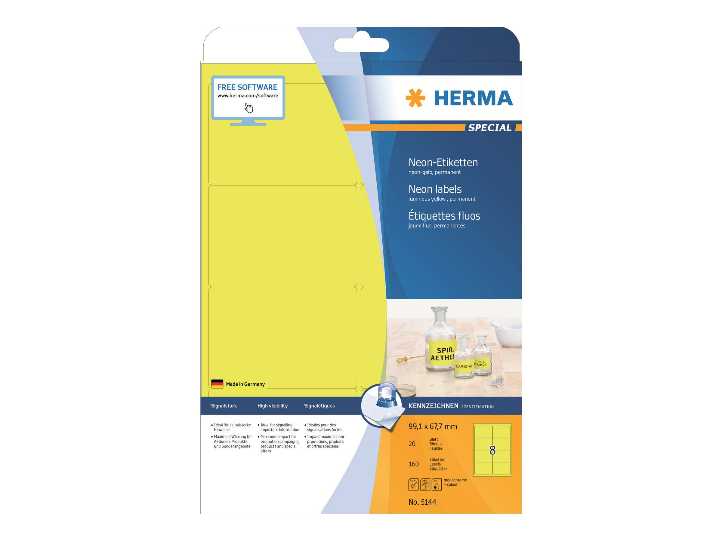 Packung mit HERMA Spezial-Neonetiketten, gelbe Selbstklebeetiketten, mit Produktdetails und einer kleinen Etikettenlayout-Vorschau auf der Vorderseite.