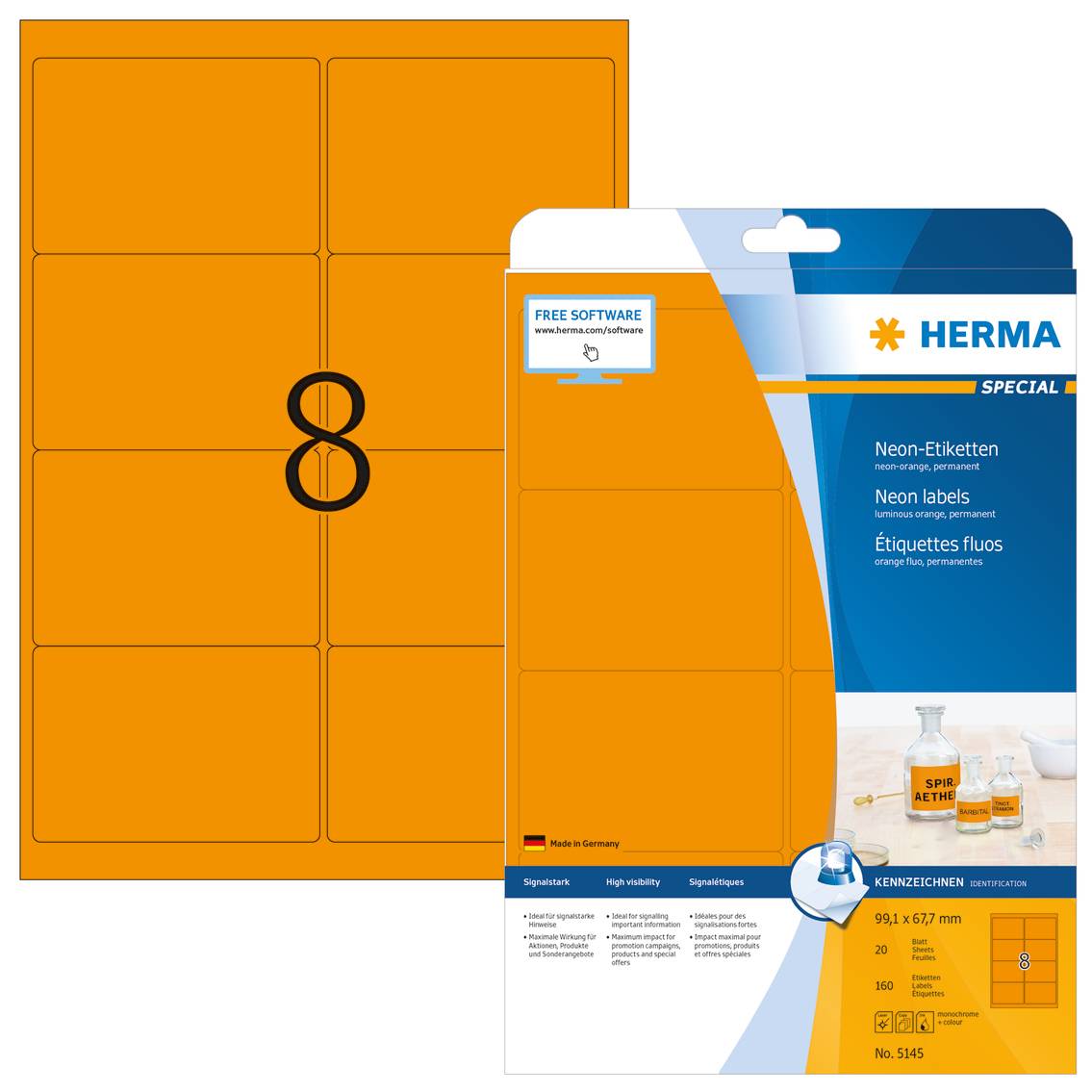 HERMA Special - Papier - matt - permanent selbstklebend - Luminous Orange - 99.1 x 67.7 mm 160 Etikett(en) (20 Bogen x 8)