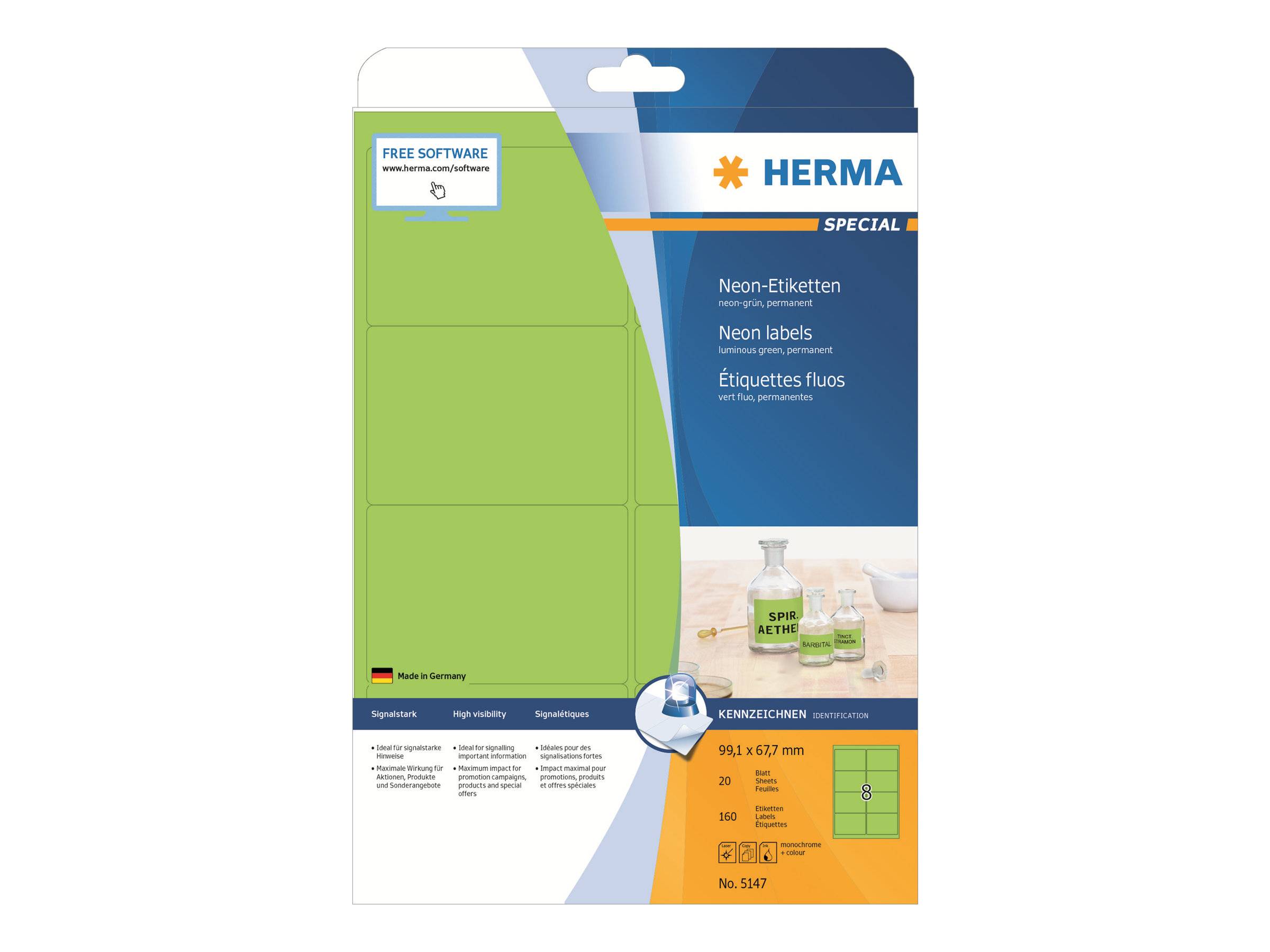 HERMA Spezial-Neonkennzeichnungsetpaket mit grünen rechteckigen Etiketten, mit einer Größe von 98,1 x 67,7 mm und 20 Blatt für Laser-/Inkjet-/Kopierer-Drucker.