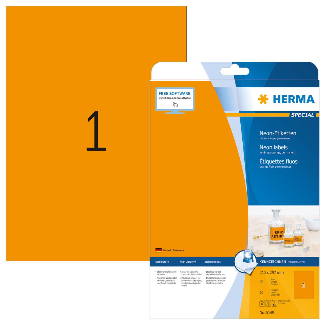 HERMA Special - Papier - matt - permanent selbstklebend - Luminous Orange - A4 (210 x 297 mm)
