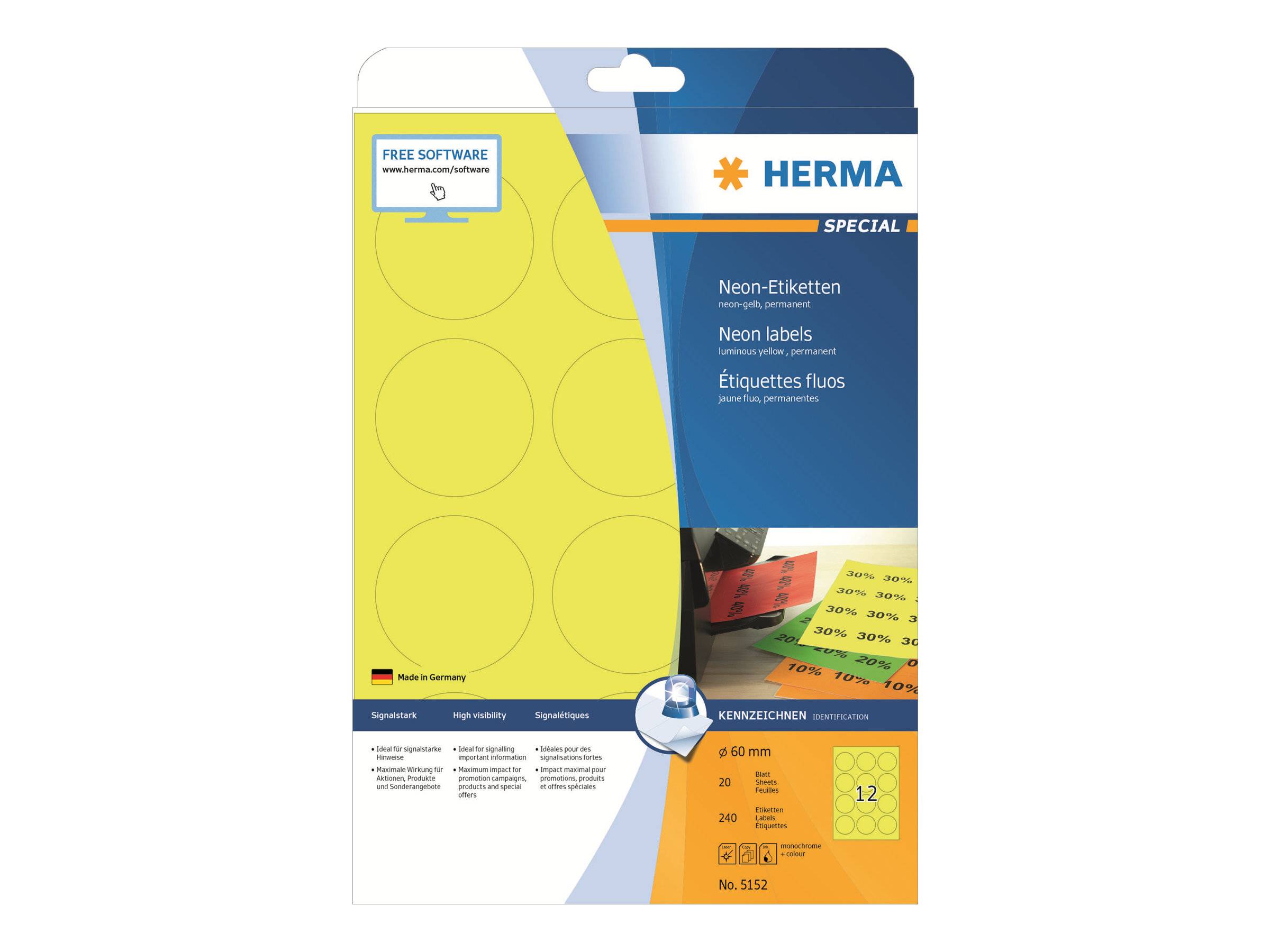 HERMA Special - Papier - matt - permanent selbstklebend - Leuchtendes Gelb - 60 mm rund 240 Etikett(en) (20 Bogen x 12)