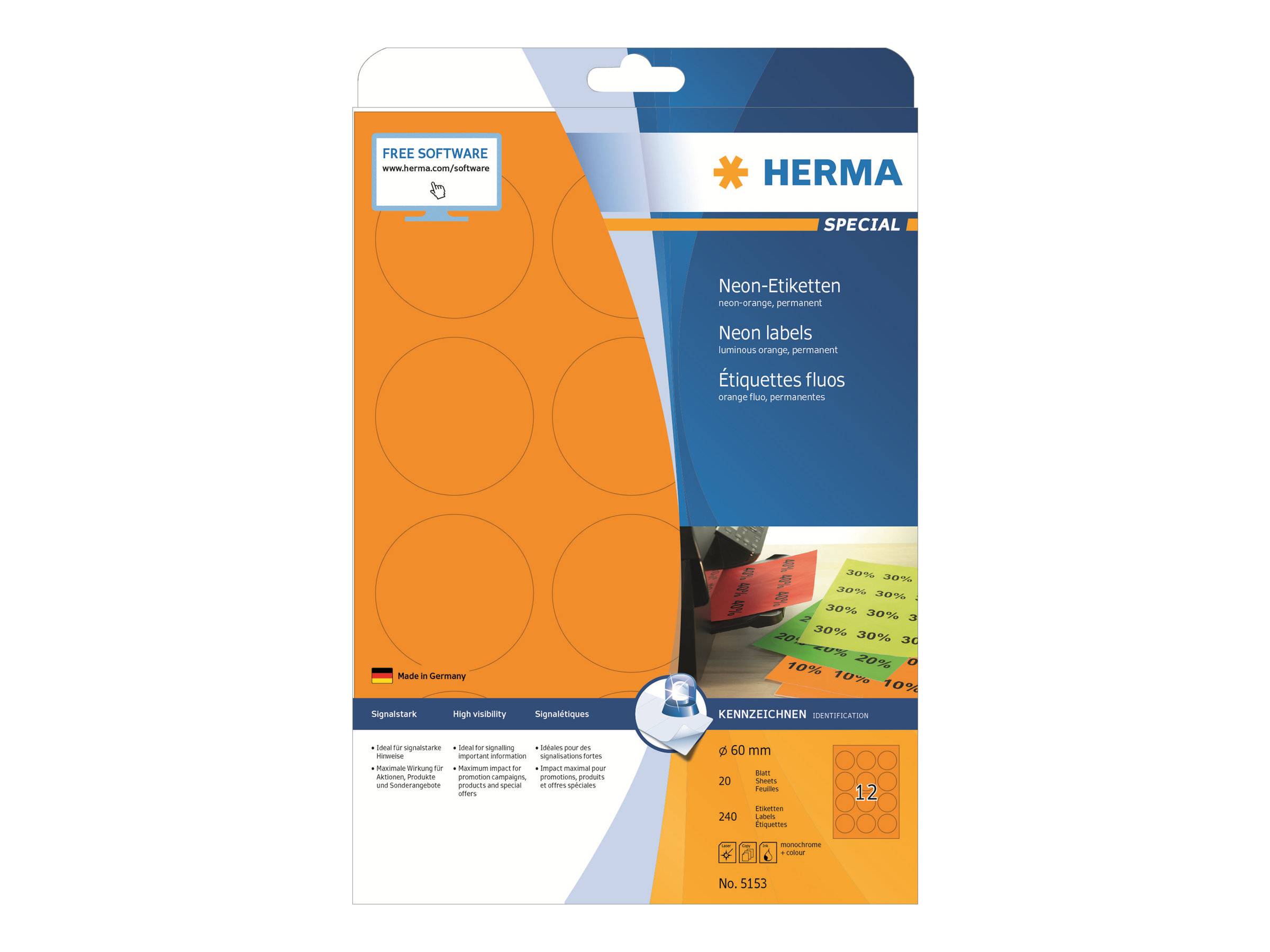 HERMA Special - Papier - matt - permanent selbstklebend - Luminous Orange - 60 mm rund 240 Etikett(en) (20 Bogen x 12)