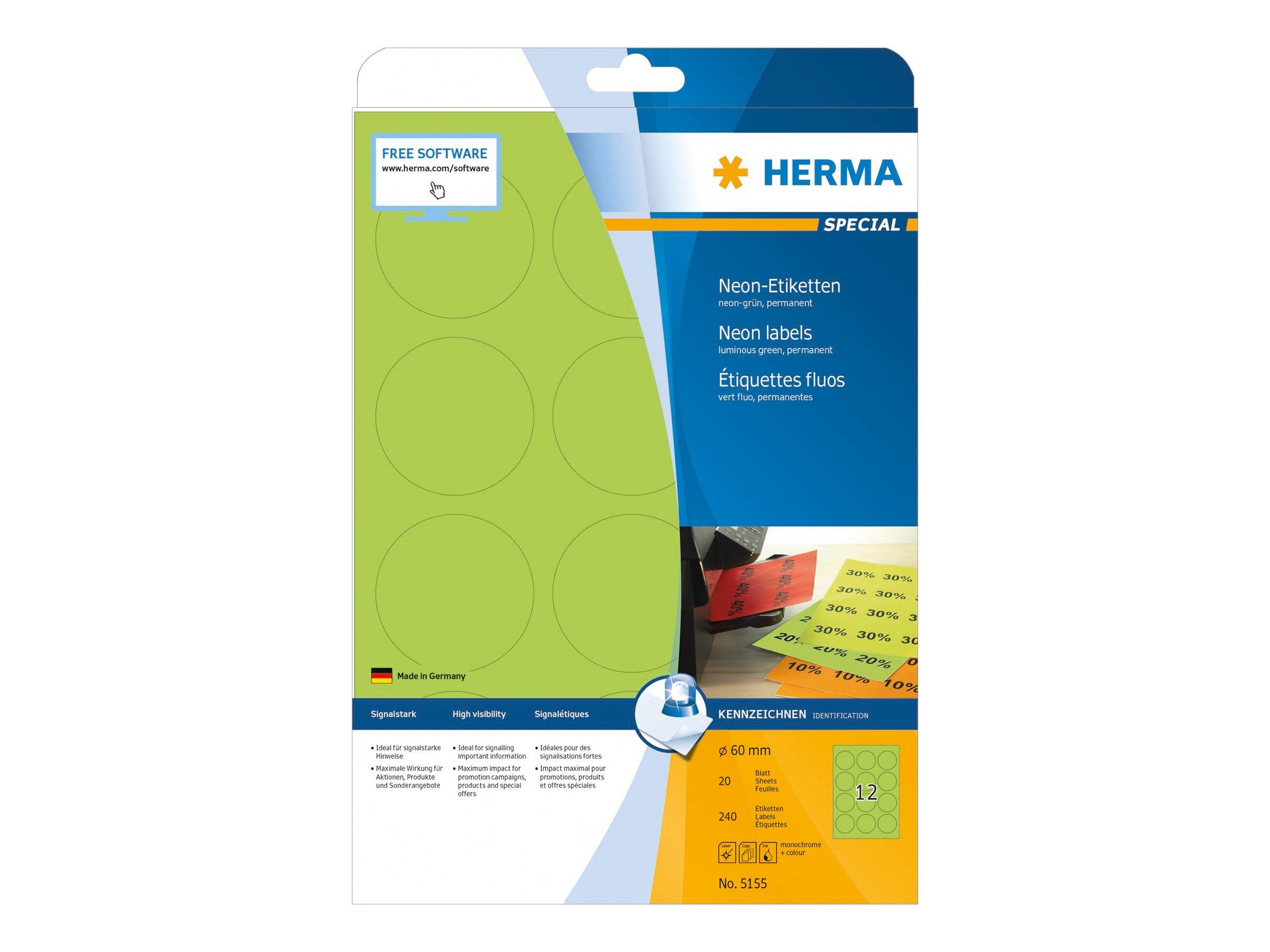 HERMA Special - Papier - matt - permanent selbstklebend - Luminous Green - 60 mm rund 240 Etikett(en) (20 Bogen x 12)