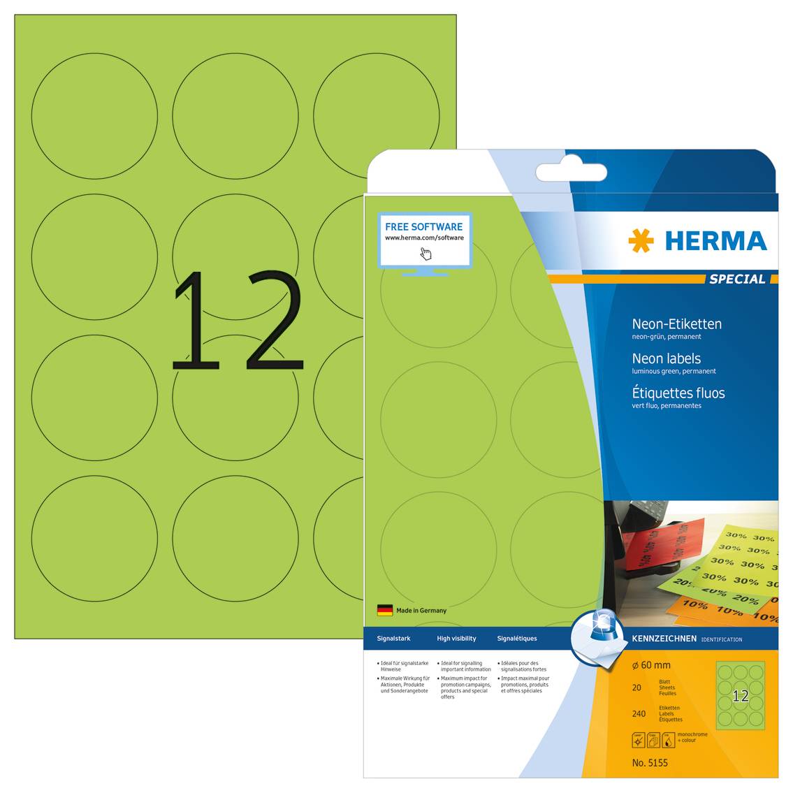 HERMA Special - Papier - matt - permanent selbstklebend - Luminous Green - 60 mm rund 240 Etikett(en) (20 Bogen x 12)