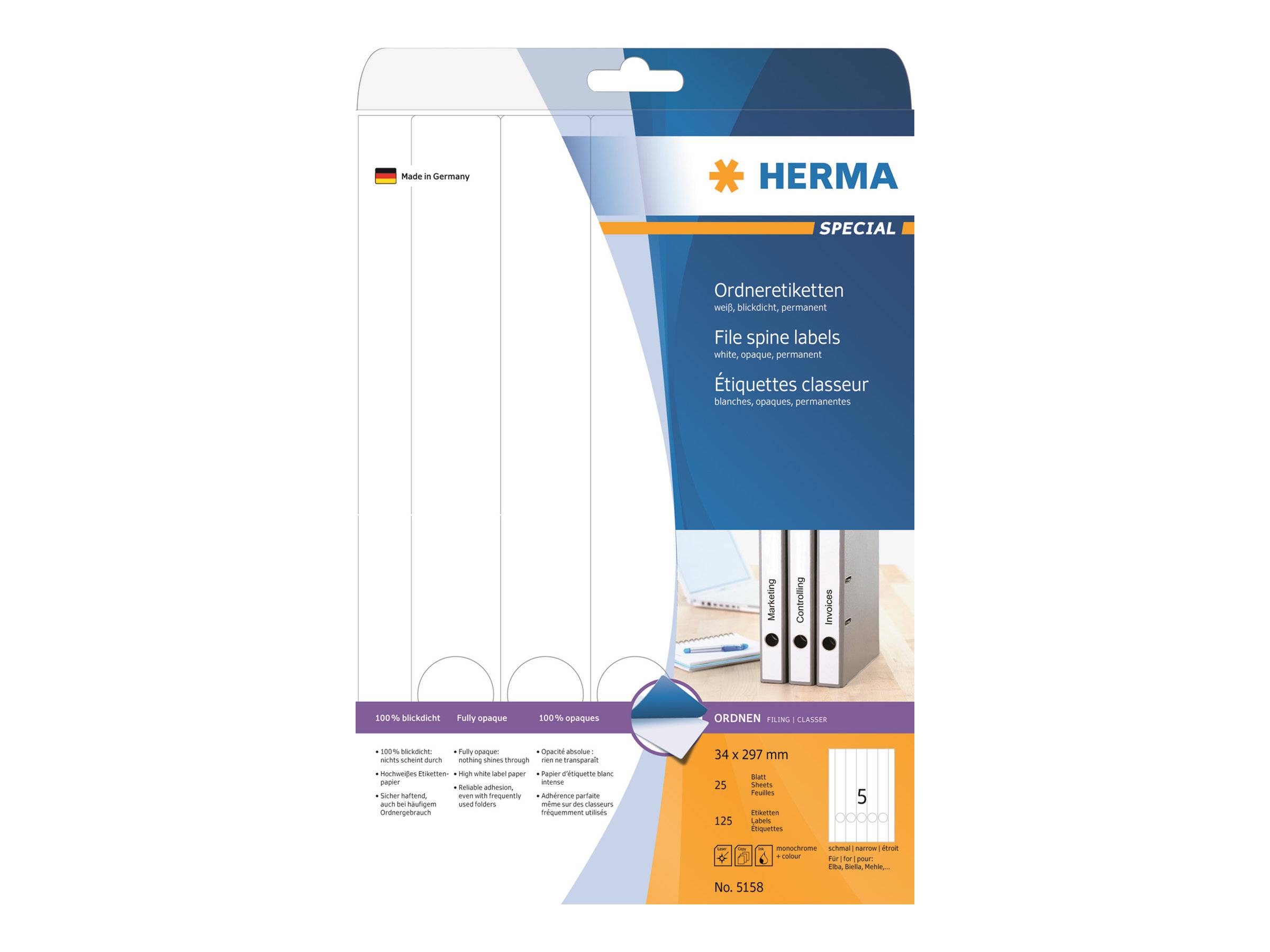 HERMA Spezial-Etikett für Ordnerrücken Packung mit weißen Klebeetiketten zum Beschriften von Ordnern, mit Produktdetails und Informationen zur 5er-Blatt-Packung.