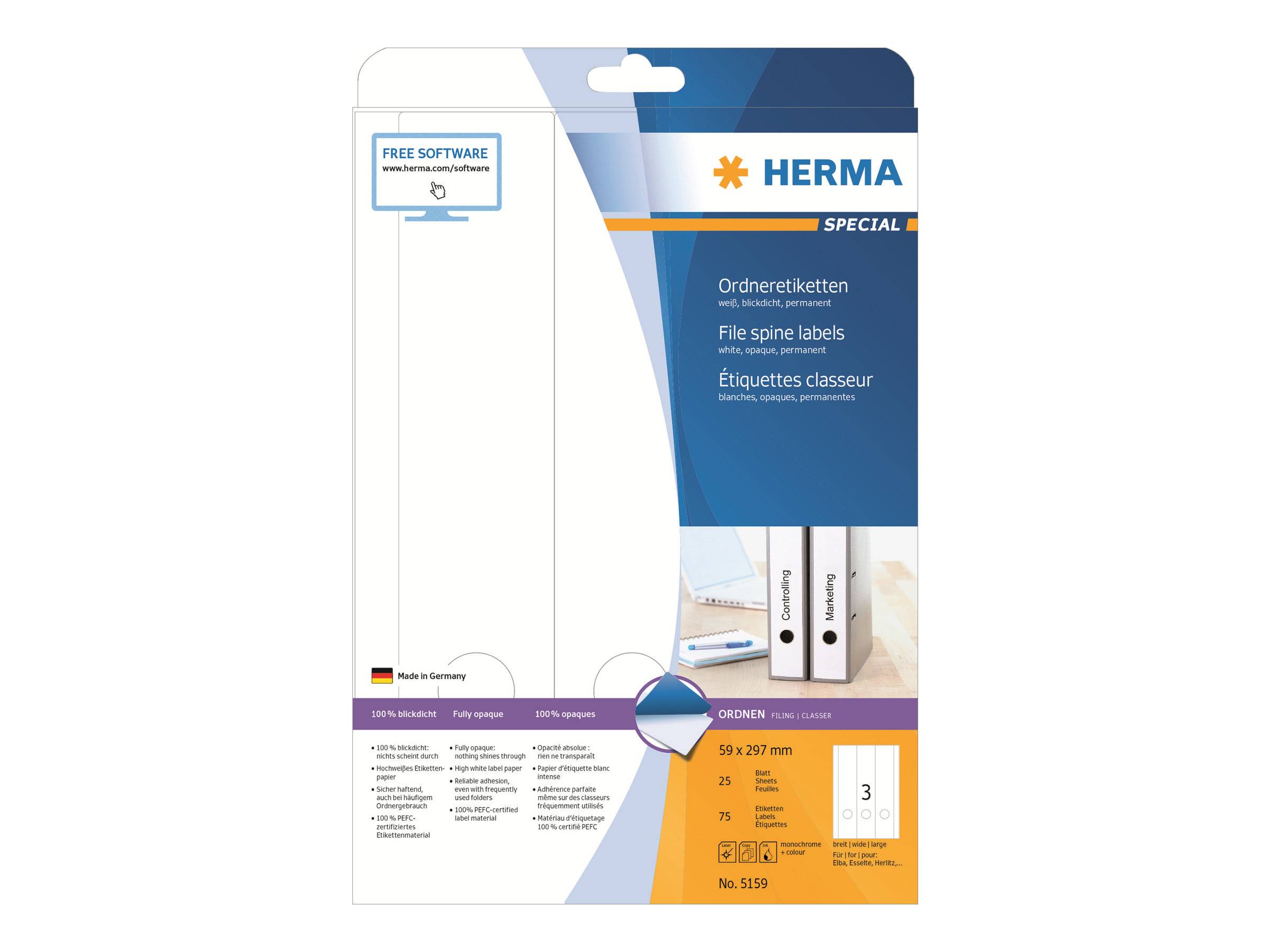 HERMA Special - Papier - matt - permanent selbstklebend - perforiert - weiß - 59 x 297 mm 75 Etikett(en) (25 Bogen x 3)