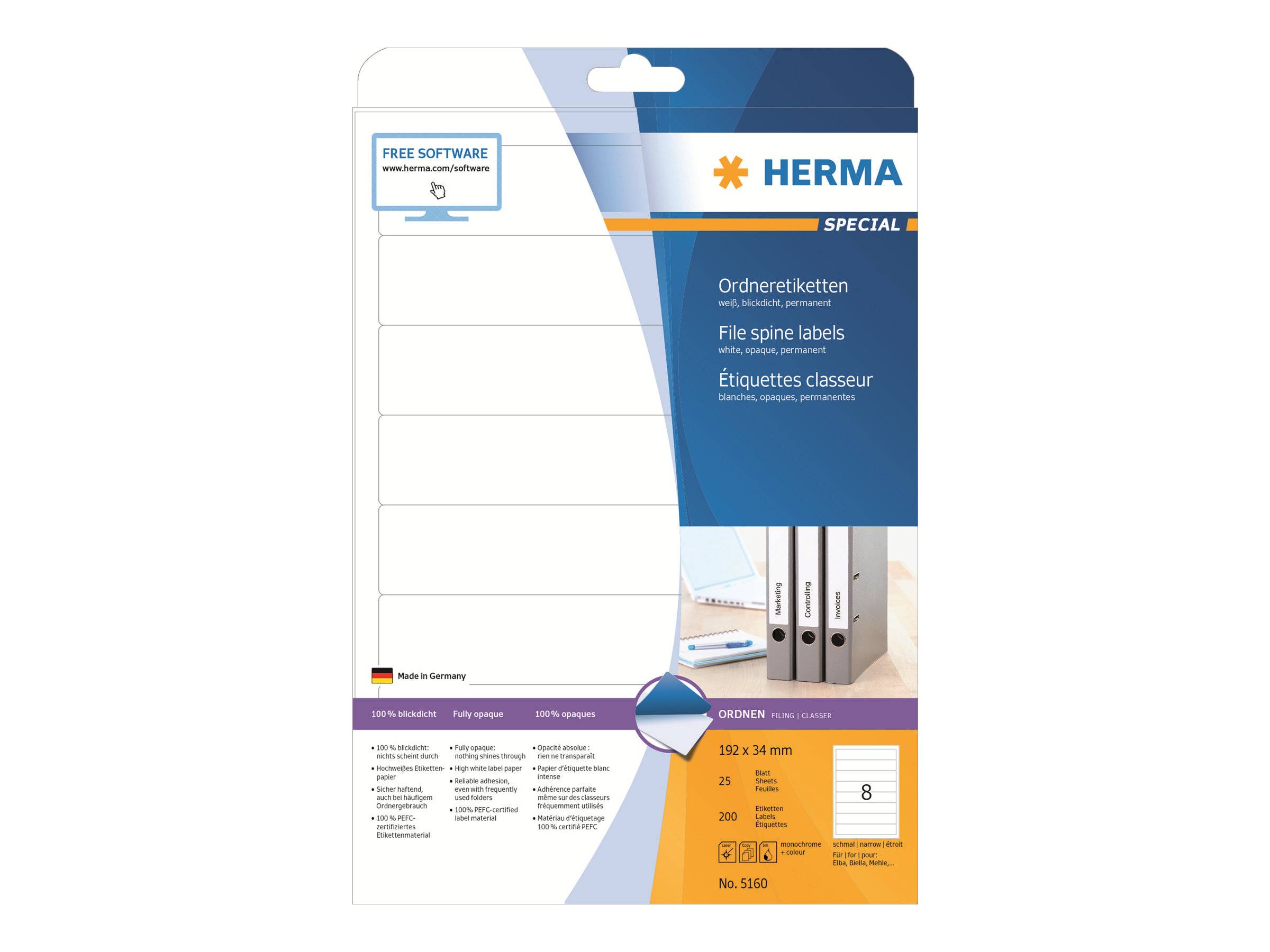 Paket mit HERMA Spezial-Ordner-Rückenschildern, mit leeren weißen Etikettenblättern und Produktdetails für Büroordner.