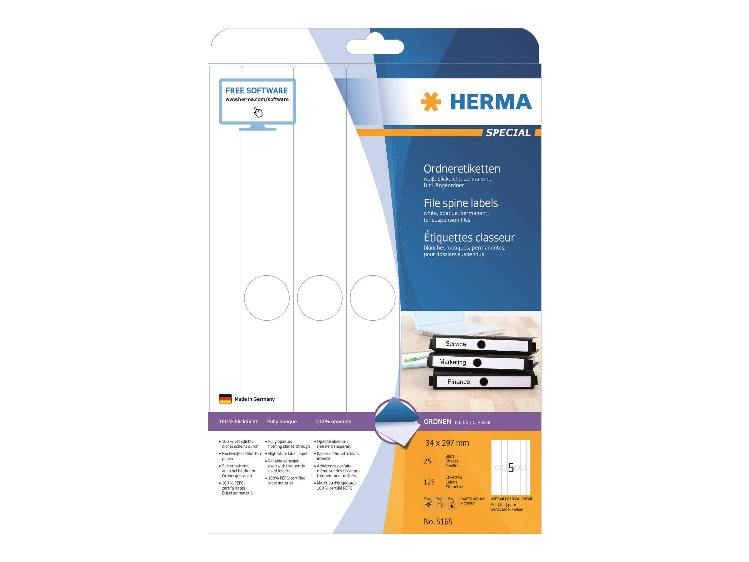 Packung HERMA Spezial-Aktenrückenetiketten, weiße Blankoetiketten mit drei Rundlöchern und Produktdetails auf der Schachtel