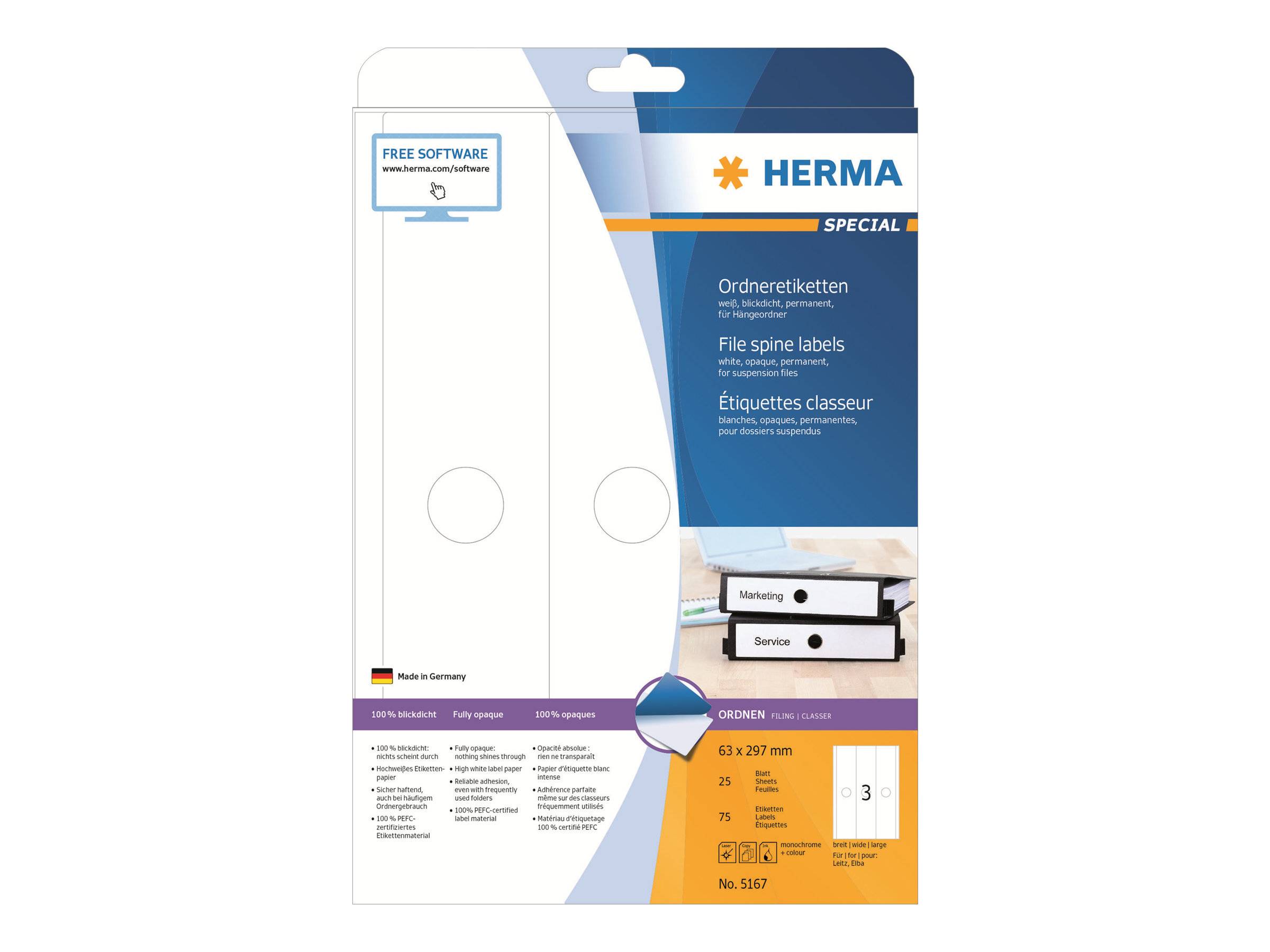 HERMA Special - Papier - matt - permanent selbstklebend - weiß - 63 x 297 mm 75 Etikett(en) (25 Bogen x 3)