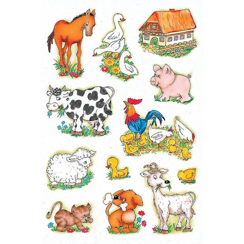 Eine Sammlung von Nutztierillustration: Pferd, Gänse, Kuh, Schwein, Hahn mit Hühnern, Schaf, Entenküken, Maus, Hund, Ziege und ein Bauernhaus.