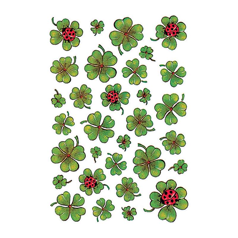 Illustration von verstreuten grünen vierblättrigen Kleeblättern mit mehreren roten Marienkäfern auf weißem Hintergrund.