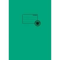 Grünes Notizbuch oder Journal mit einem kleinen rechteckigen Etikett in der Nähe der Oberseite und einem kreisförmigen Siegel oder Aufkleber, der die untere rechte Ecke des Etiketts überlappt.