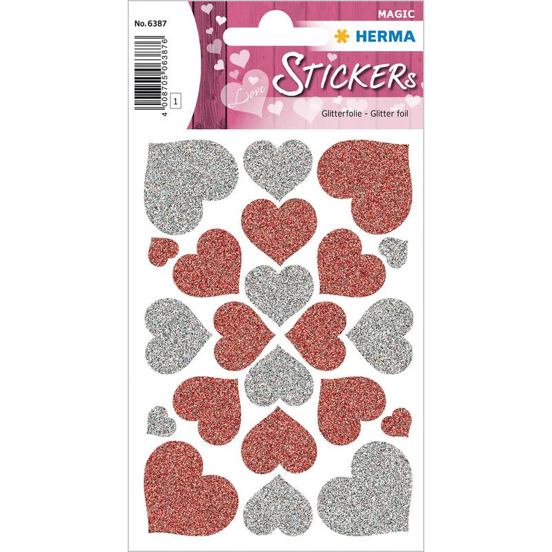 HERMA Sticker MAGIC "Herzen rot & silber", Glittery