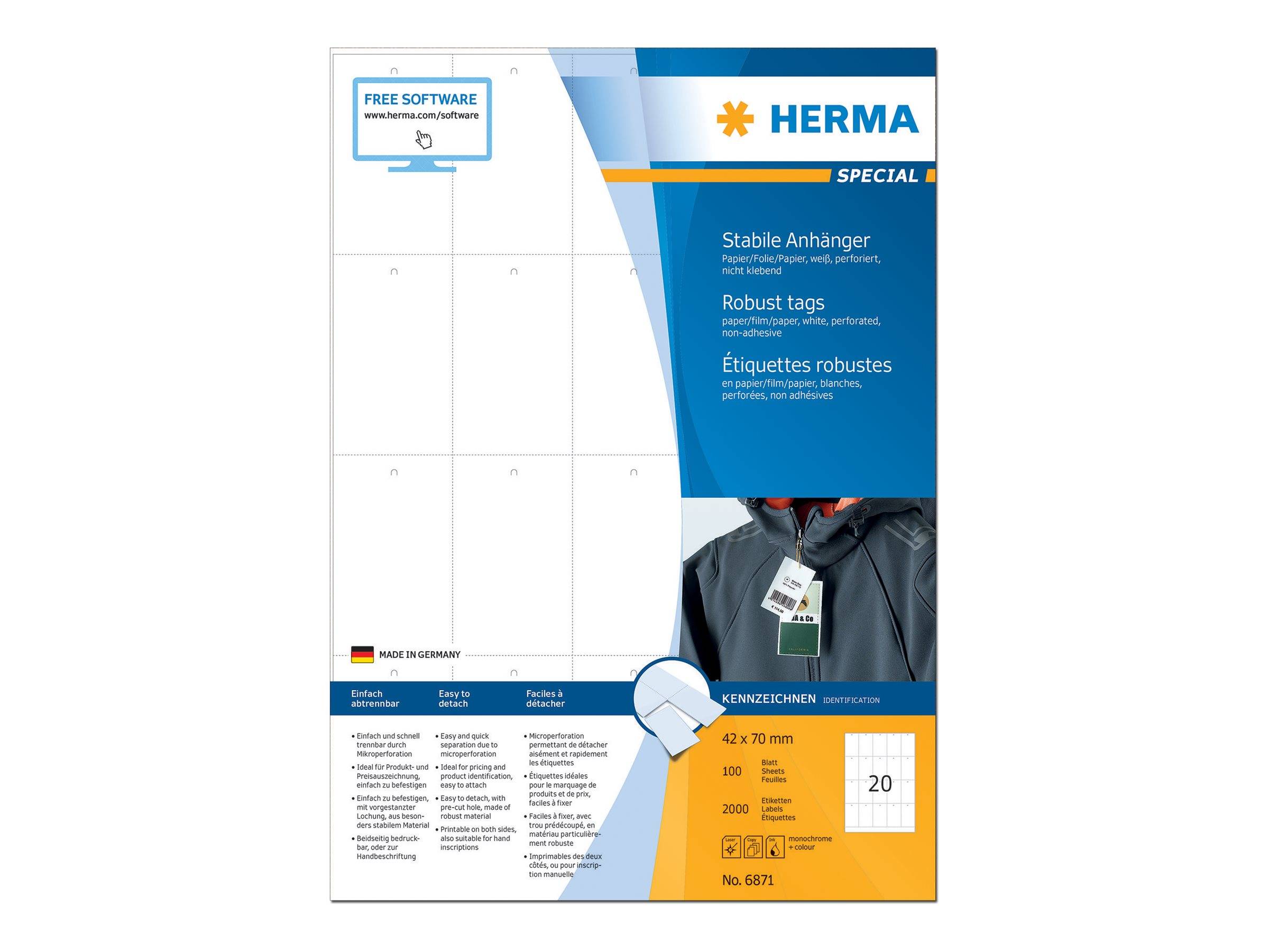 HERMA Robust Tags - Nicht klebend - perforiert - weiß - 42 x 70 mm 2000 Etikett(en) (100 Bogen x 20)