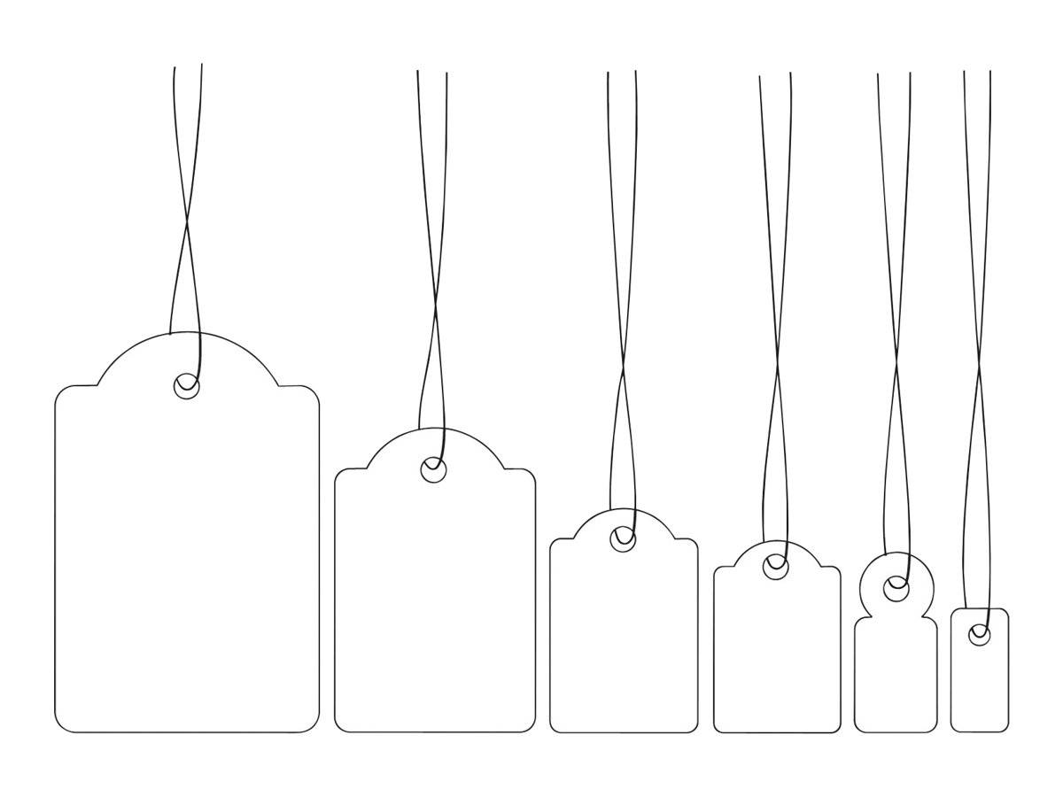 Illustration von sechs hängenden leeren Preisschildern in absteigender Größe von links nach rechts, jedes an einem Faden befestigt.