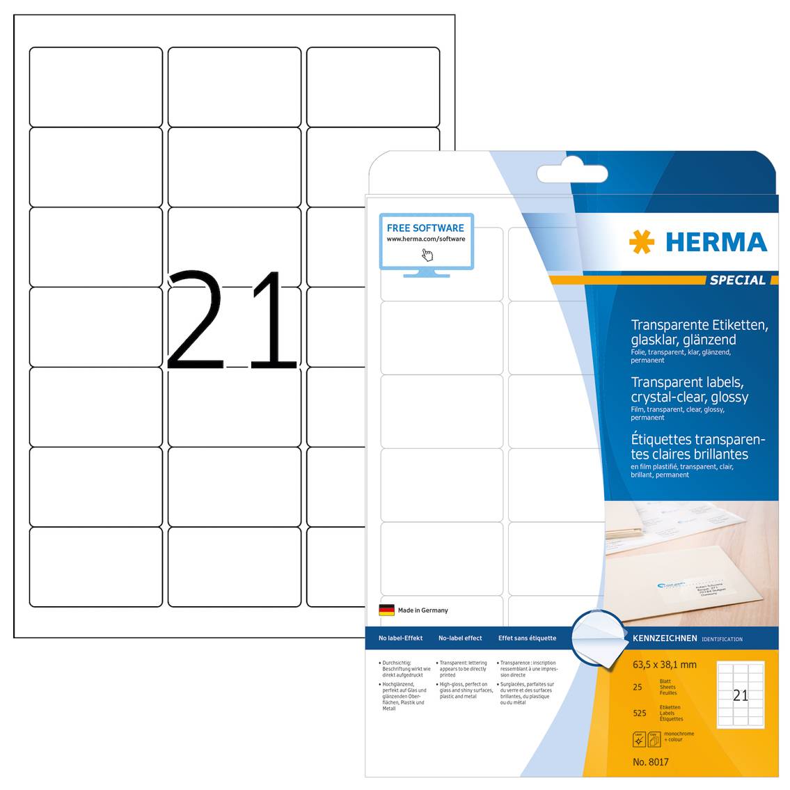 HERMA - Selbstklebend - durchsichtig - 38.1 x 63.5 mm 525 Etikett(en) (25 Bogen x 21)