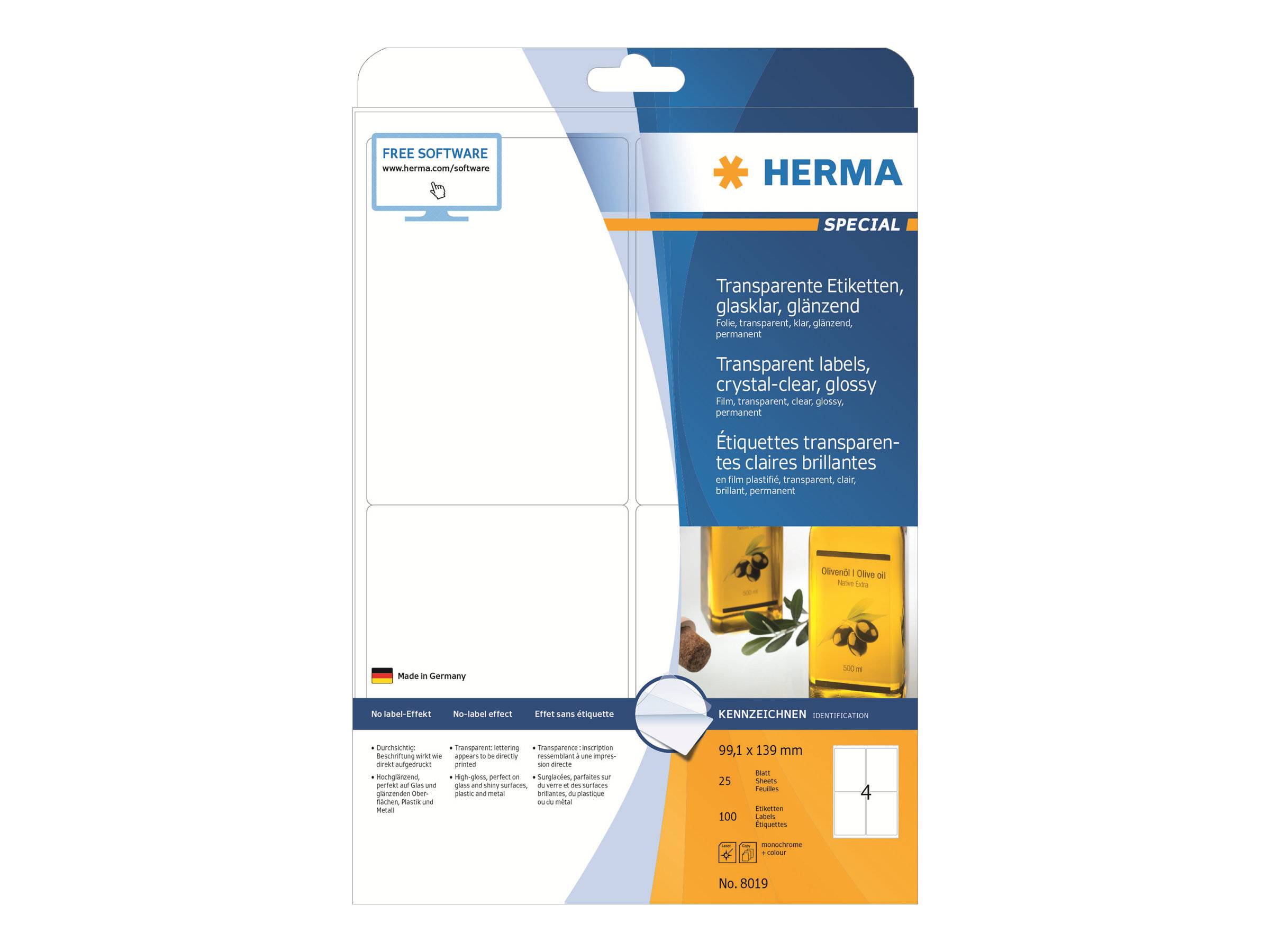 Packung mit HERMA transparenten glänzenden Etiketten, Spezialausgabe, mit kostenloser Software und Produktdetails auf der Vorderseite.