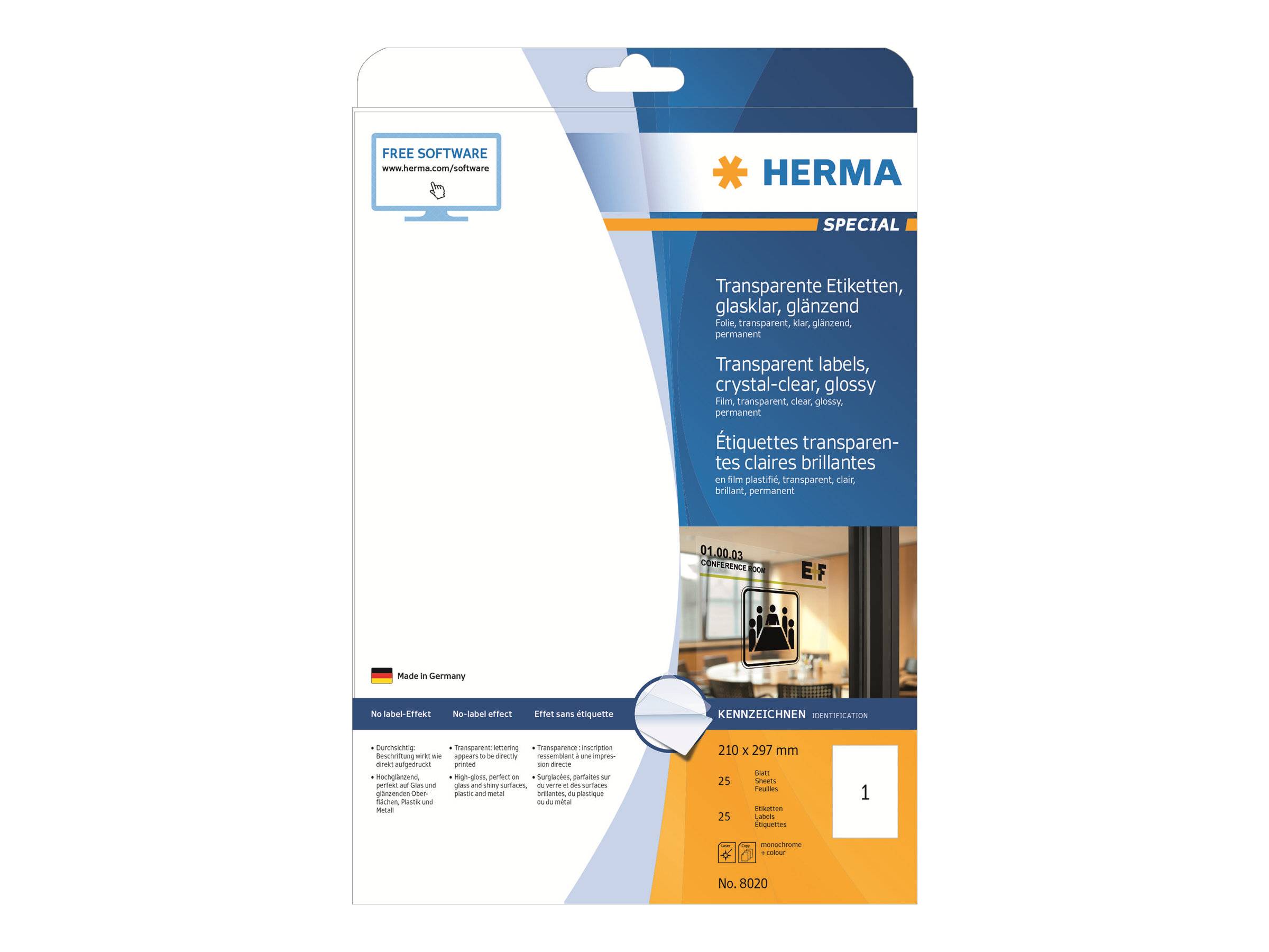 Packung mit HERMA Spezial-Transparentpapier mit glänzender Oberfläche, mit Produktdetails für 210 x 297 mm Blätter und 1 Blatt pro Packung.