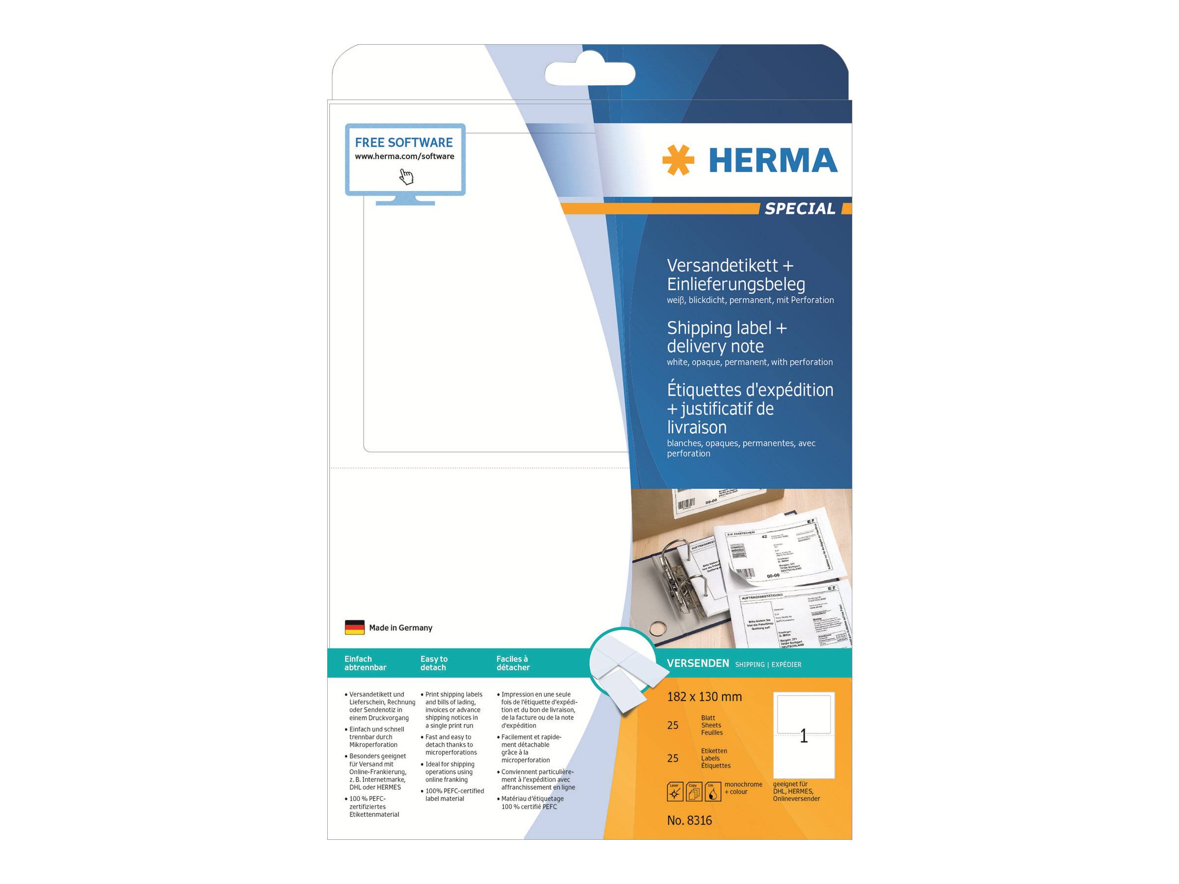 Paket mit HERMA 'Special' Versandetiketten und Lieferschein-Einlagen mit Produktabbildung, mehrsprachigem Text und einer 1-Etiketten-Blattvorschau.