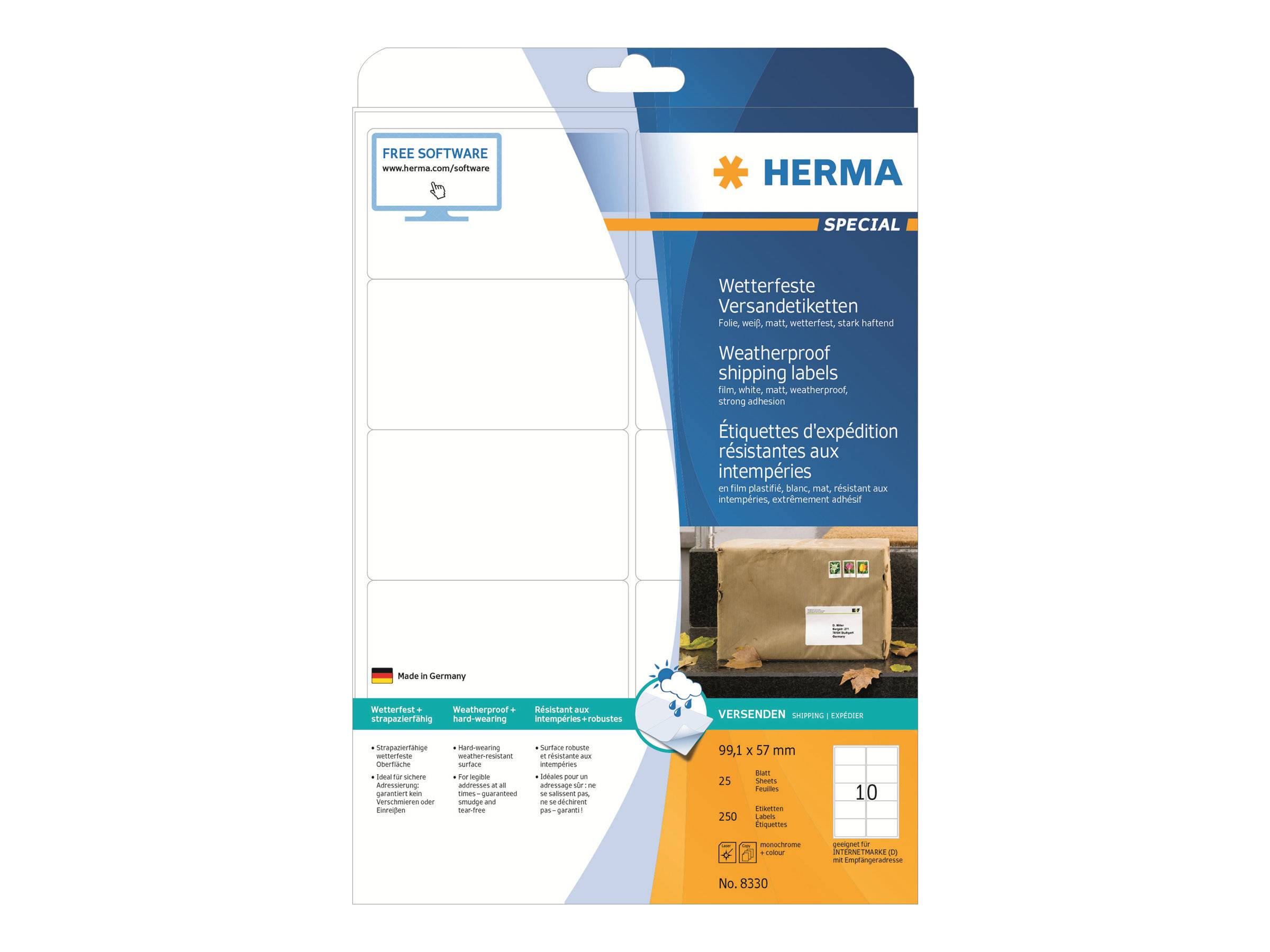 Verpackung für HERMA Spezial wetterfeste Versandetiketten, zeigt leere weiße Etikettenblätter, Produktdetails und eine Illustration eines Paketkartons