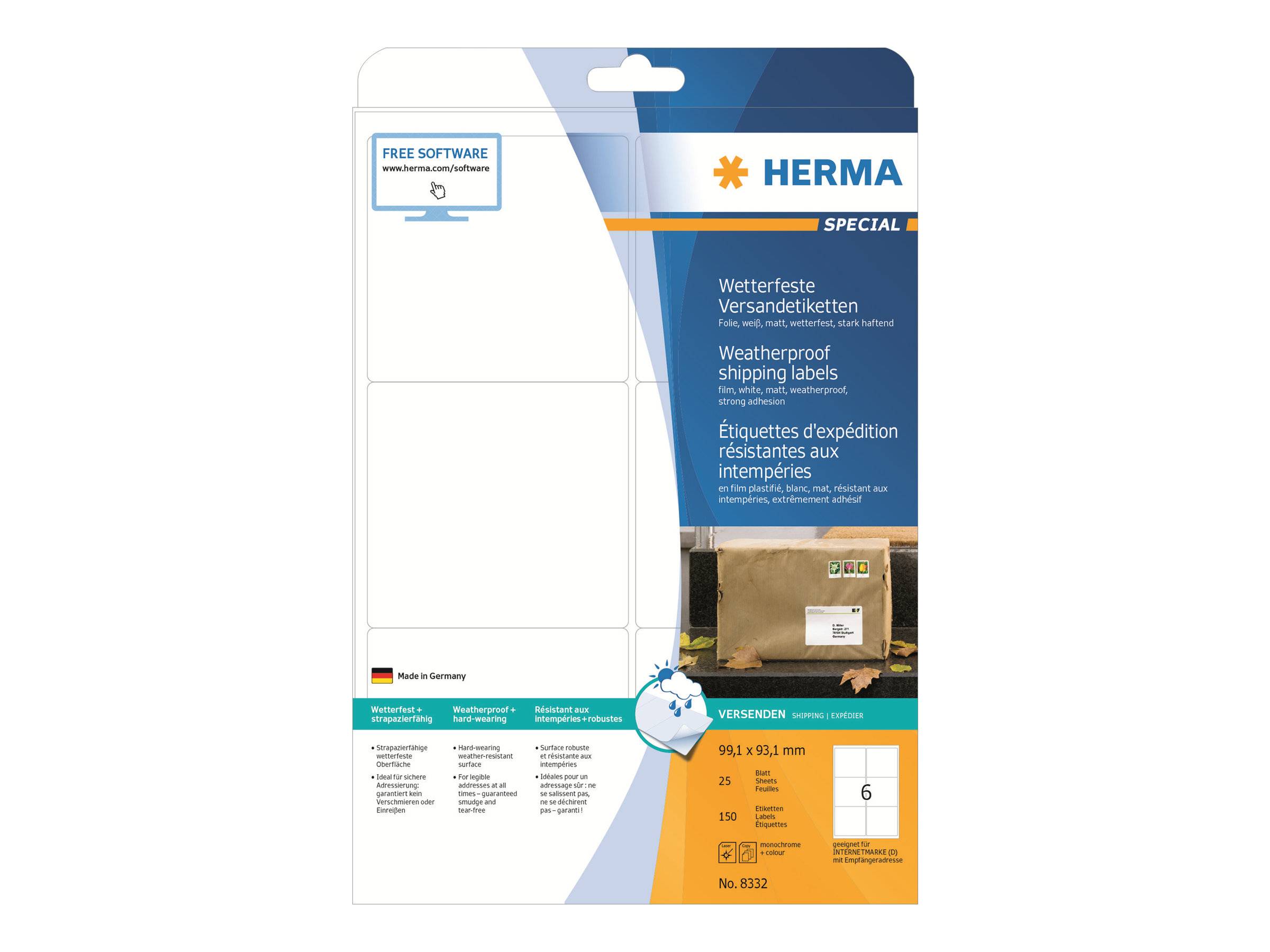 HERMA Special - Polyester - matt - extra stark selbstklebend - weiß - 99.1 x 93.1 mm 150 Etikett(en) (25 Bogen x 6)