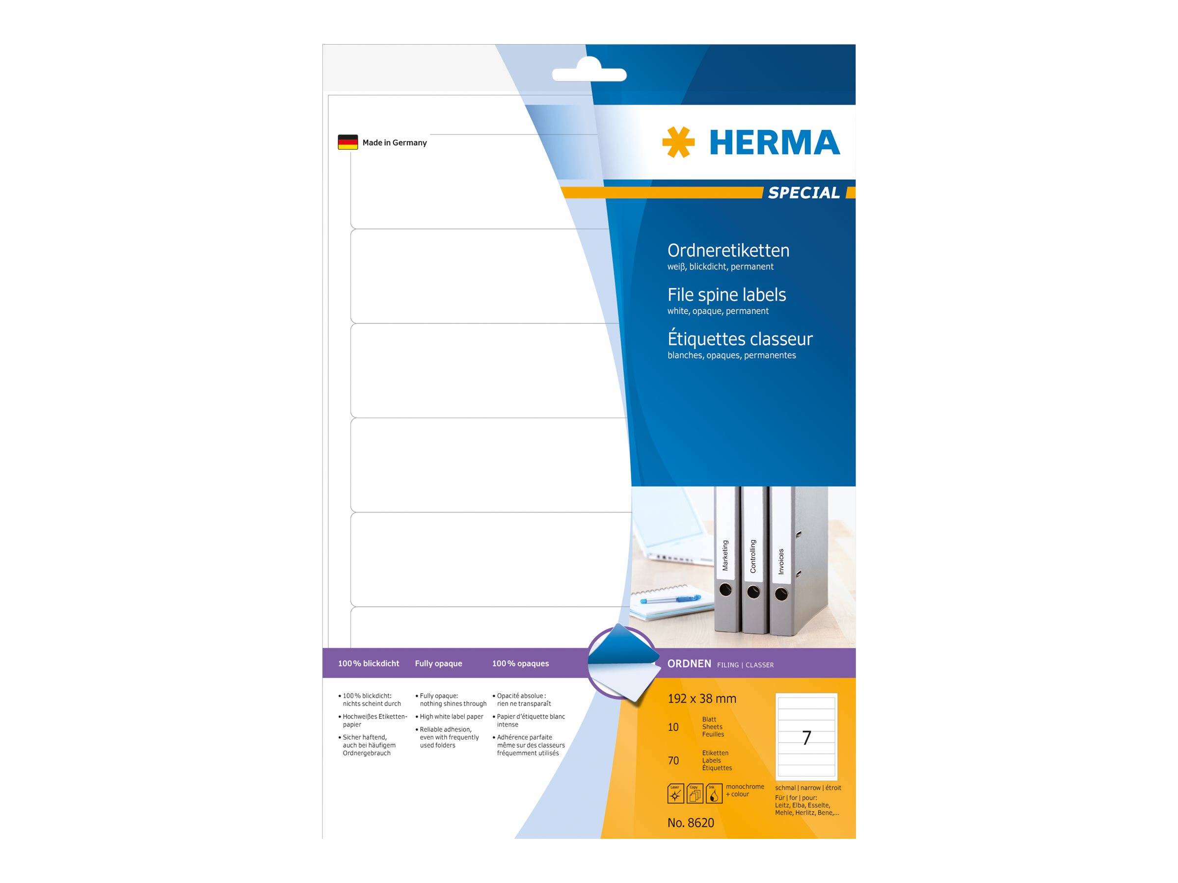 Verpackung für HERMA Spezial-Rückenschilder, zeigt leere weiße Etiketten für Ringbinder und Produktdetails in Deutsch, Französisch und Englisch.