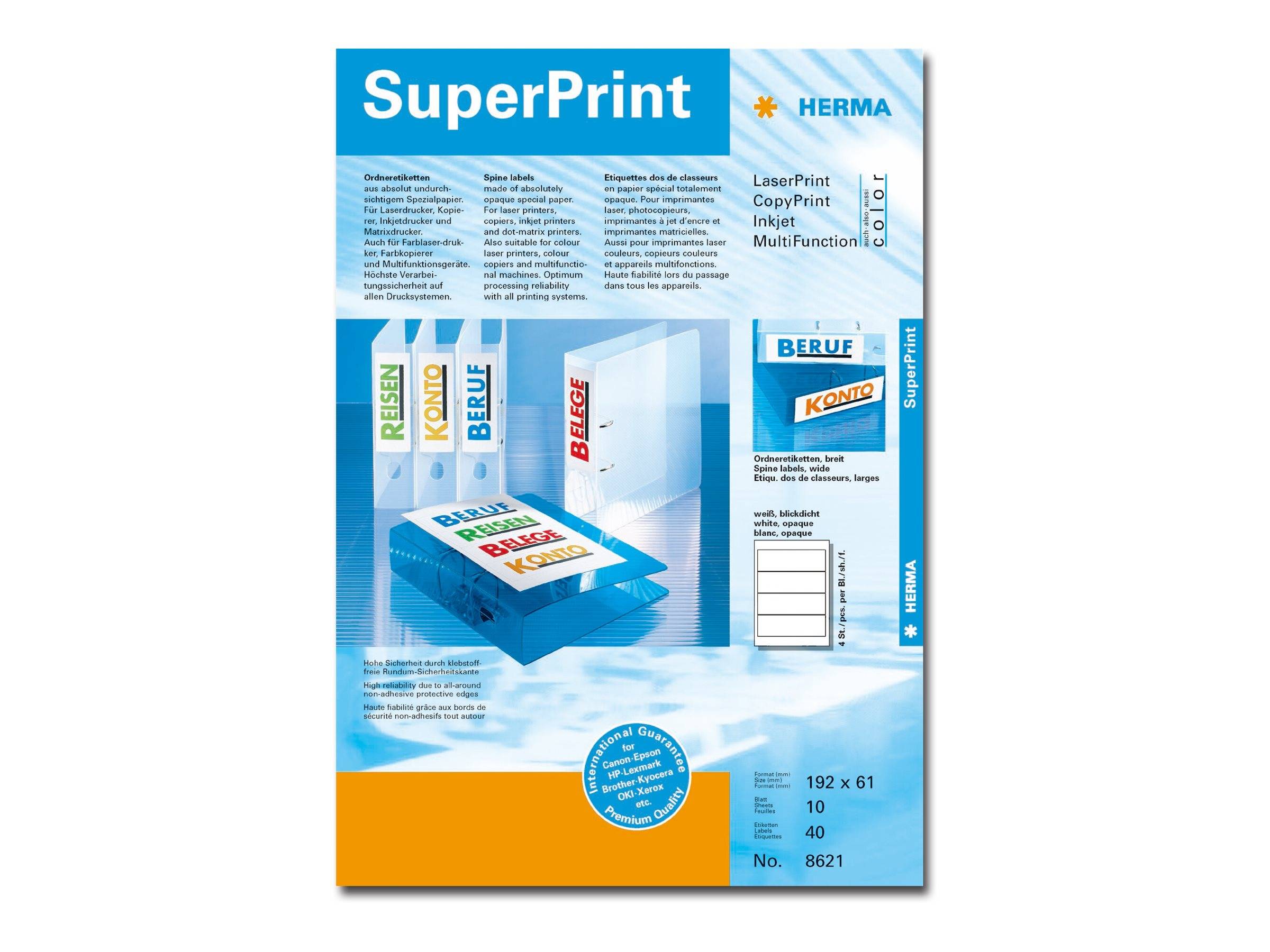 Herma 'SuperPrint' Etikettenpakete für Laser-, Kopierer-, Tintenstrah- und Multifunktionsdrucker, mit Beispielen von Etikettenbögen und Produktvarianten.