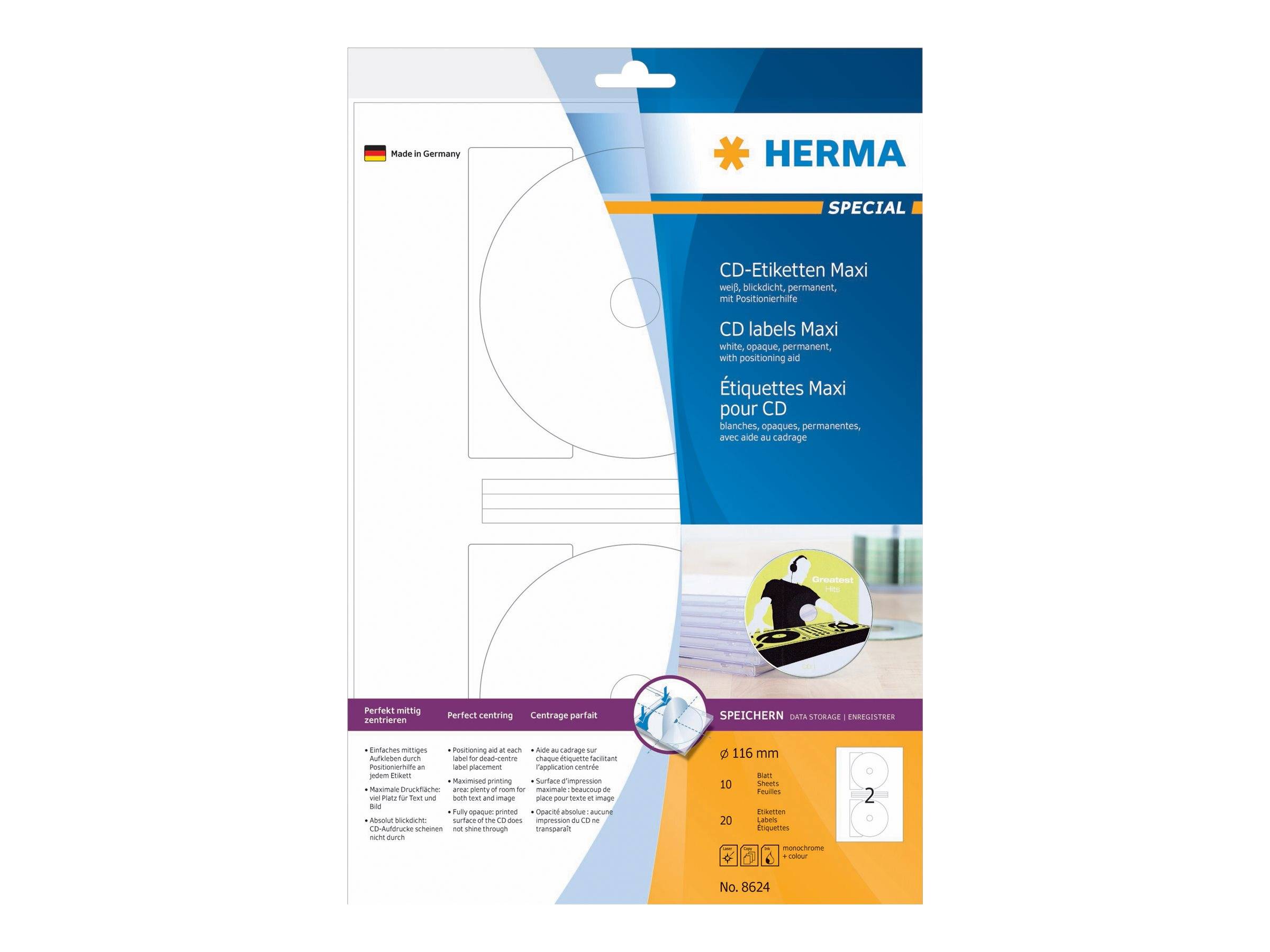 Paket mit HERMA SPECIAL CD-Etiketten maxi, mit blauem und orangefarbigem Design und einer Vorschau, die Etiketten für zwei CDs zeigt.