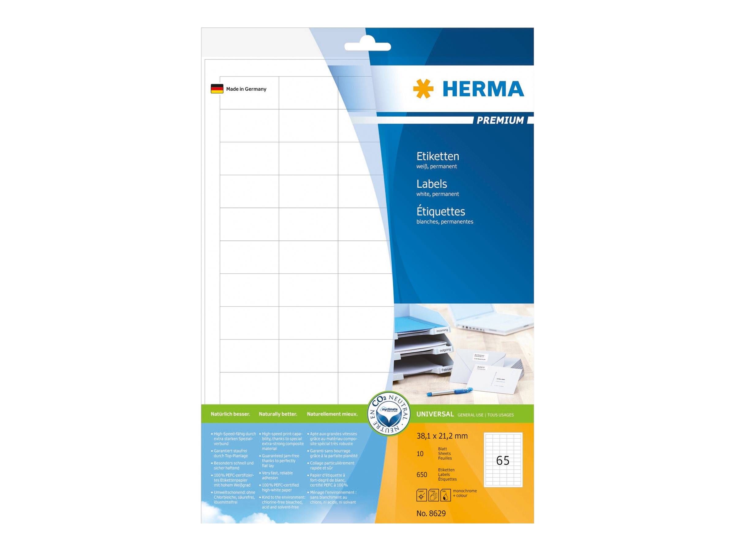 HERMA Premium-Etikettenbogen mit blanko weißen Adressetiketten, mehrsprachigem Text „Etiketten