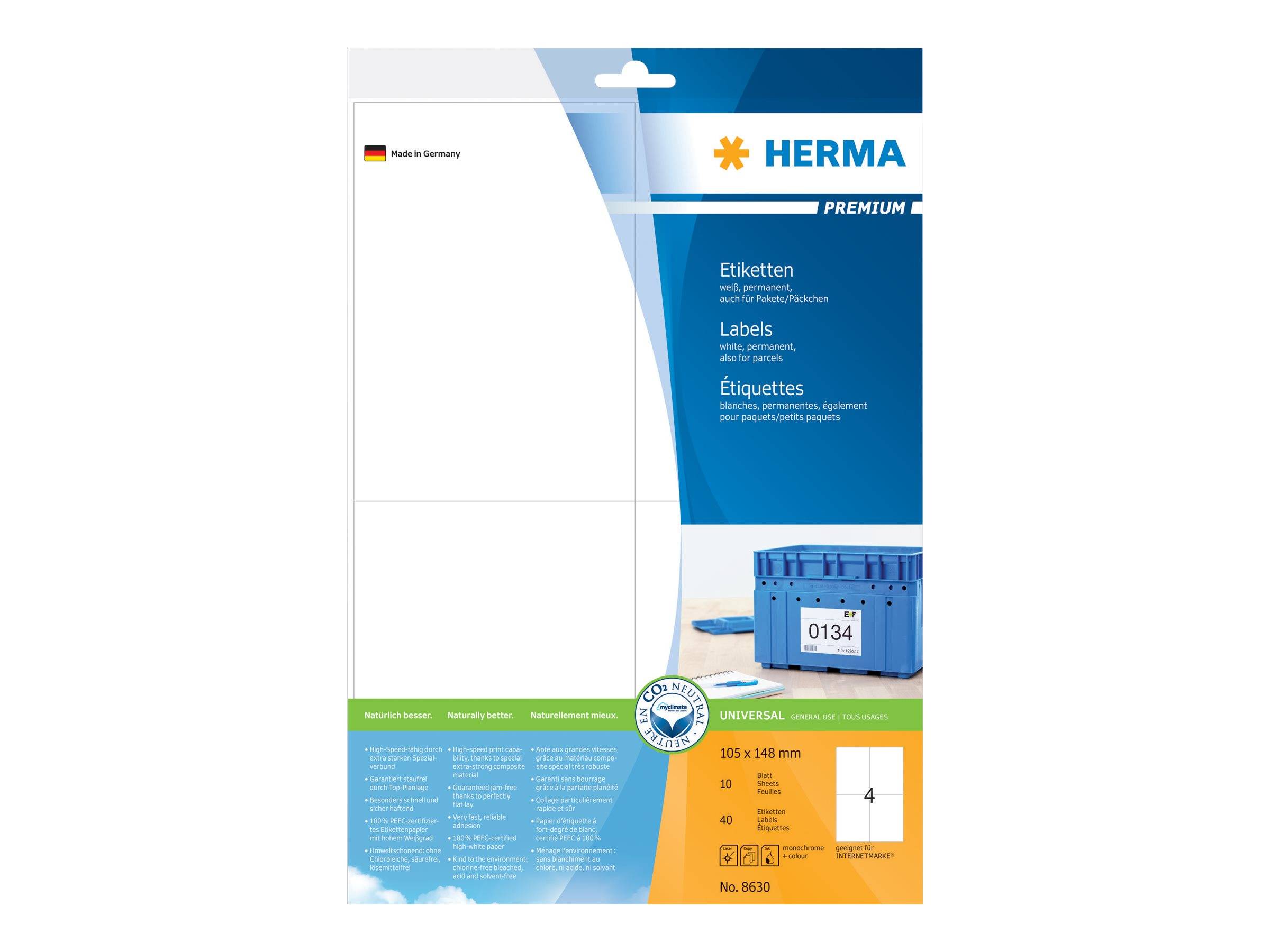 Packung HERMA Premium Etiketten für Drucker, zeigt leere weiße Etikettenblätter und Produktdetails in blauen, grünen und orangefarbenen Feldern.