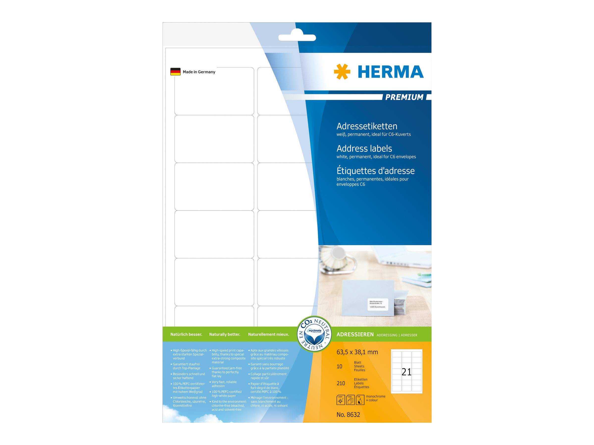 Verpackung für HERMA Premium-Adressetiketten, mit leeren selbstklebenden Etiketten auf Blättern und Produktdetails in Deutsch, Englisch und Französisch.