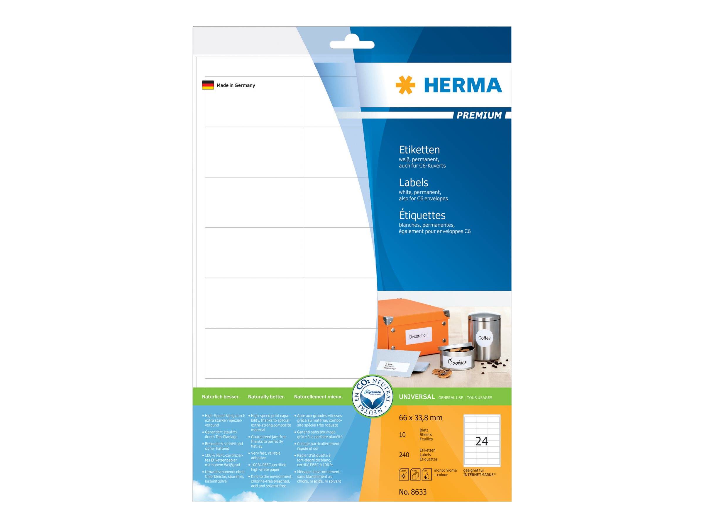 HERMA Premium - Papier - matt - permanent selbstklebend - weiß - 66 x 33.8 mm 240 Etikett(en) (10 Bogen x 24)