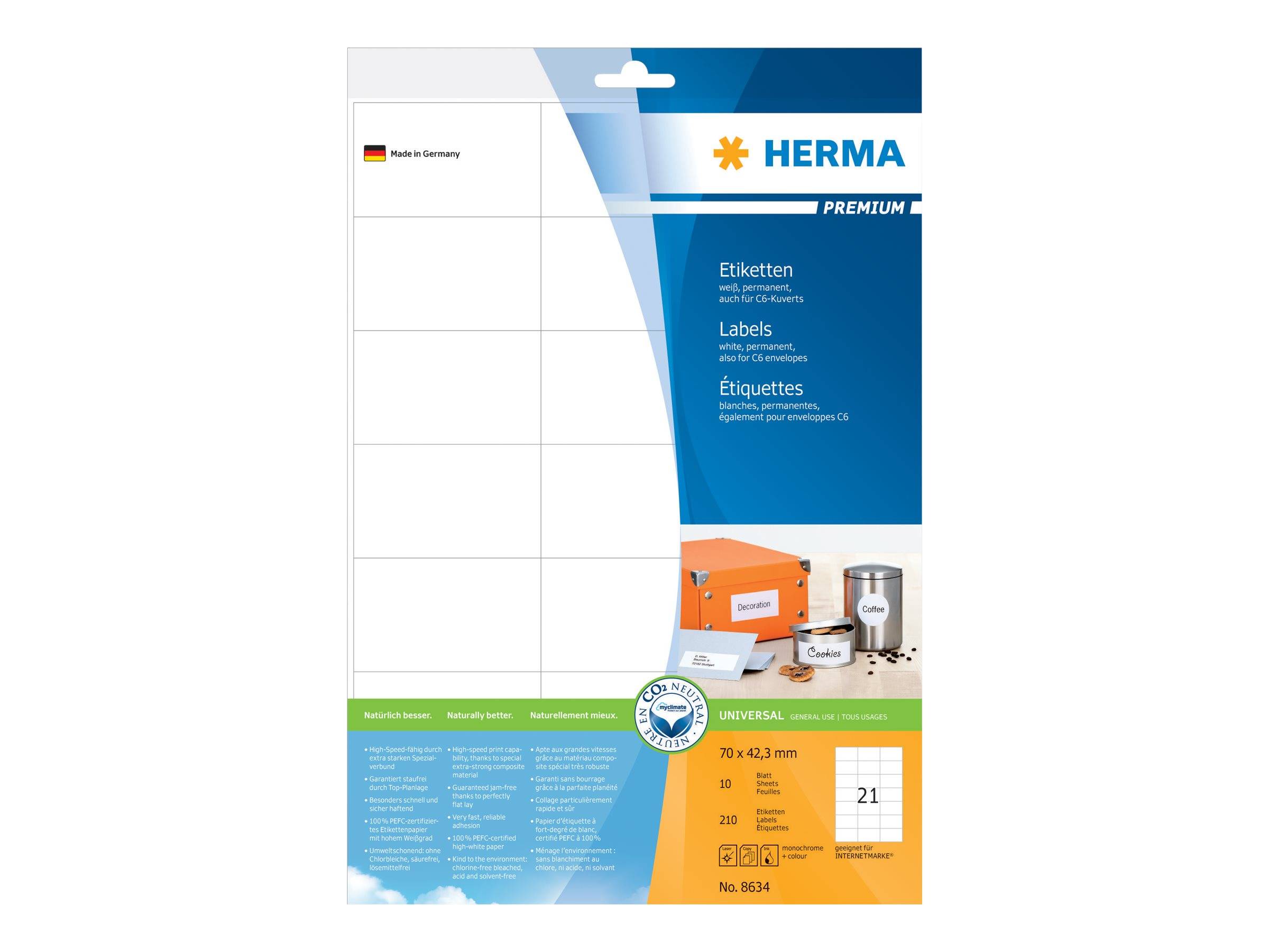 Paket mit HERMA Premium weißen Haftungsetiketten mit leerem Etikett-Raster und Produktdetails für 21 Blätter, 42,3 x 73 mm Etiketten, hergestellt in Deutschland.
